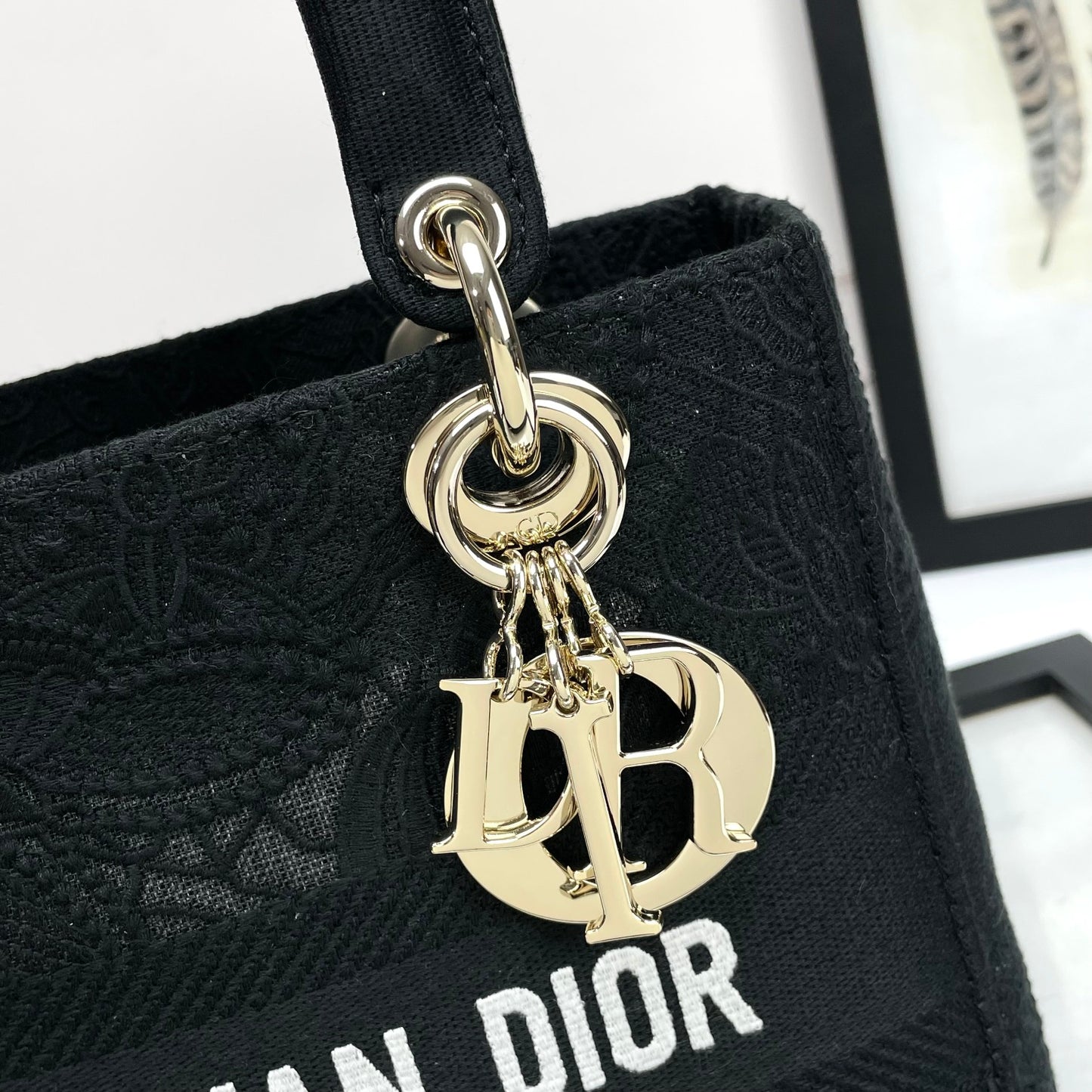 Dior Elegant Black Embroidered Canvas Handbag with Top Handle