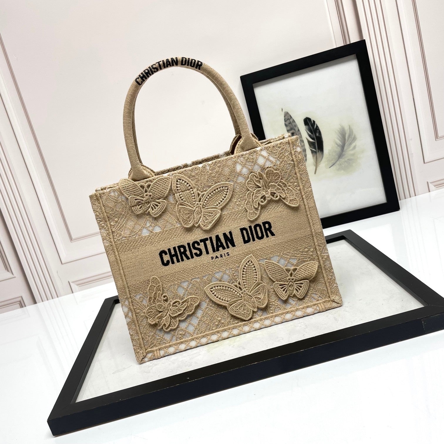 Dior Elegant Beige Canvas Tote Bag with Embroidered Butterfly Details