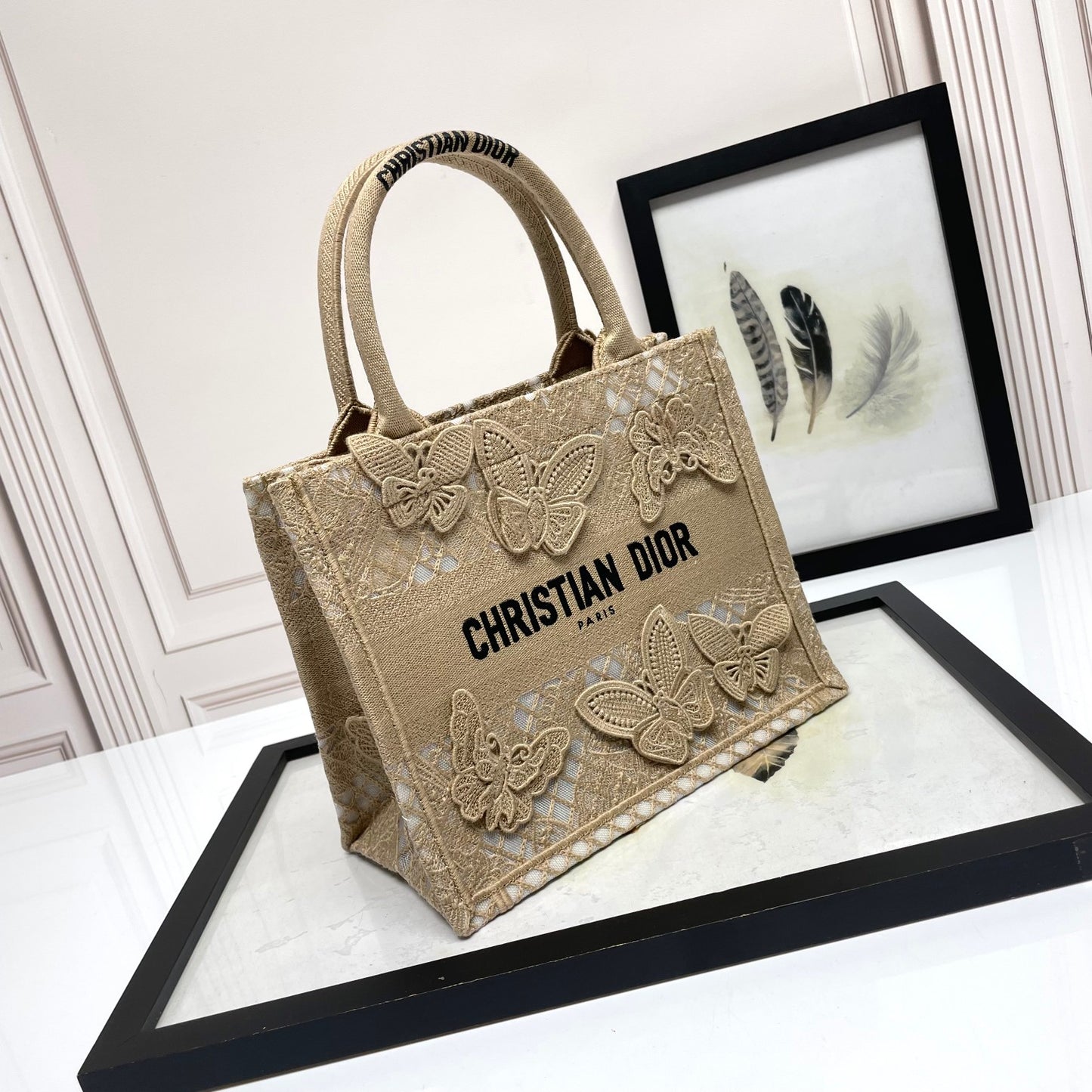 Dior Beige Canvas Tote Handbag with Embroidered 3D Butterflies