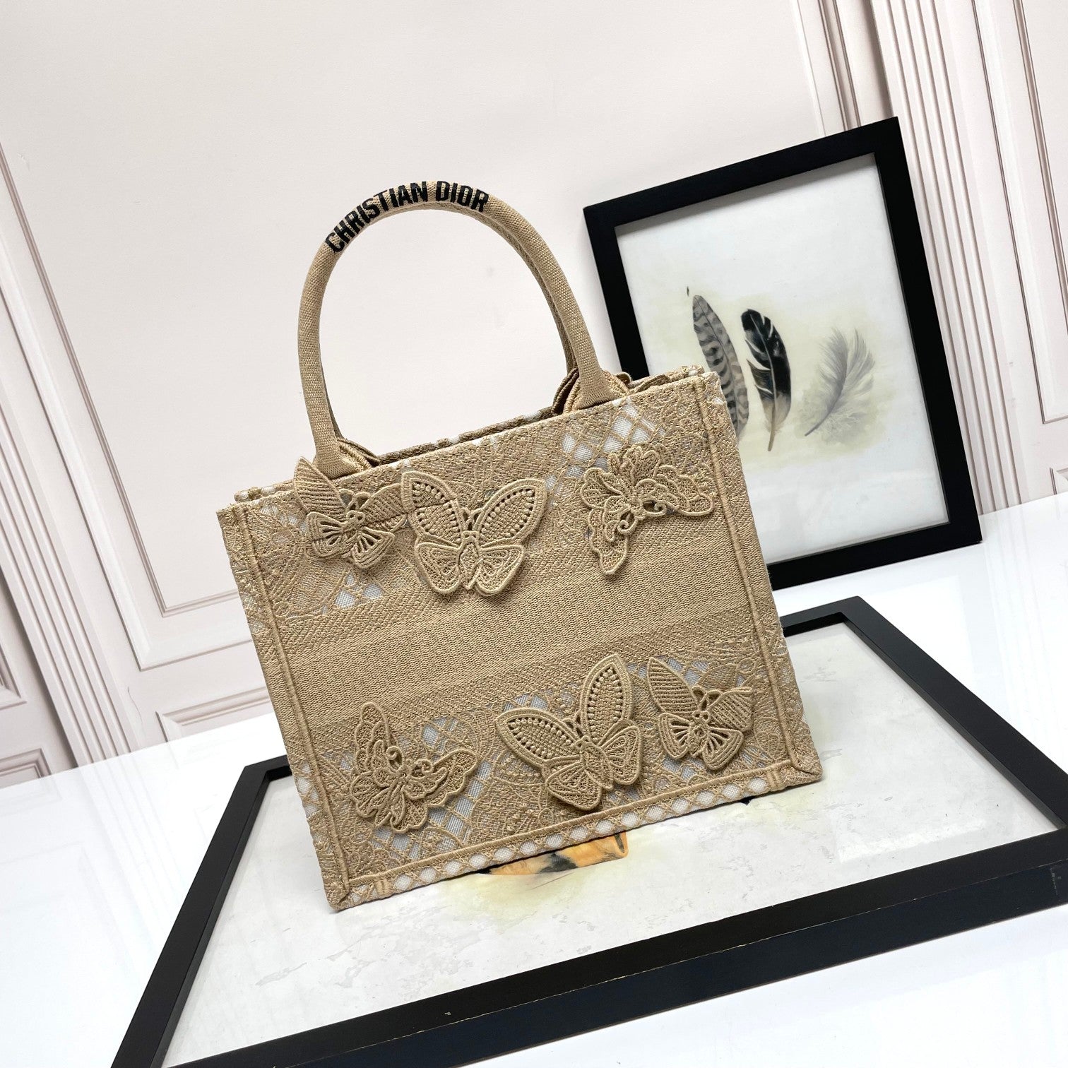 Dior Beige Canvas Tote Handbag with Embroidered 3D Butterflies