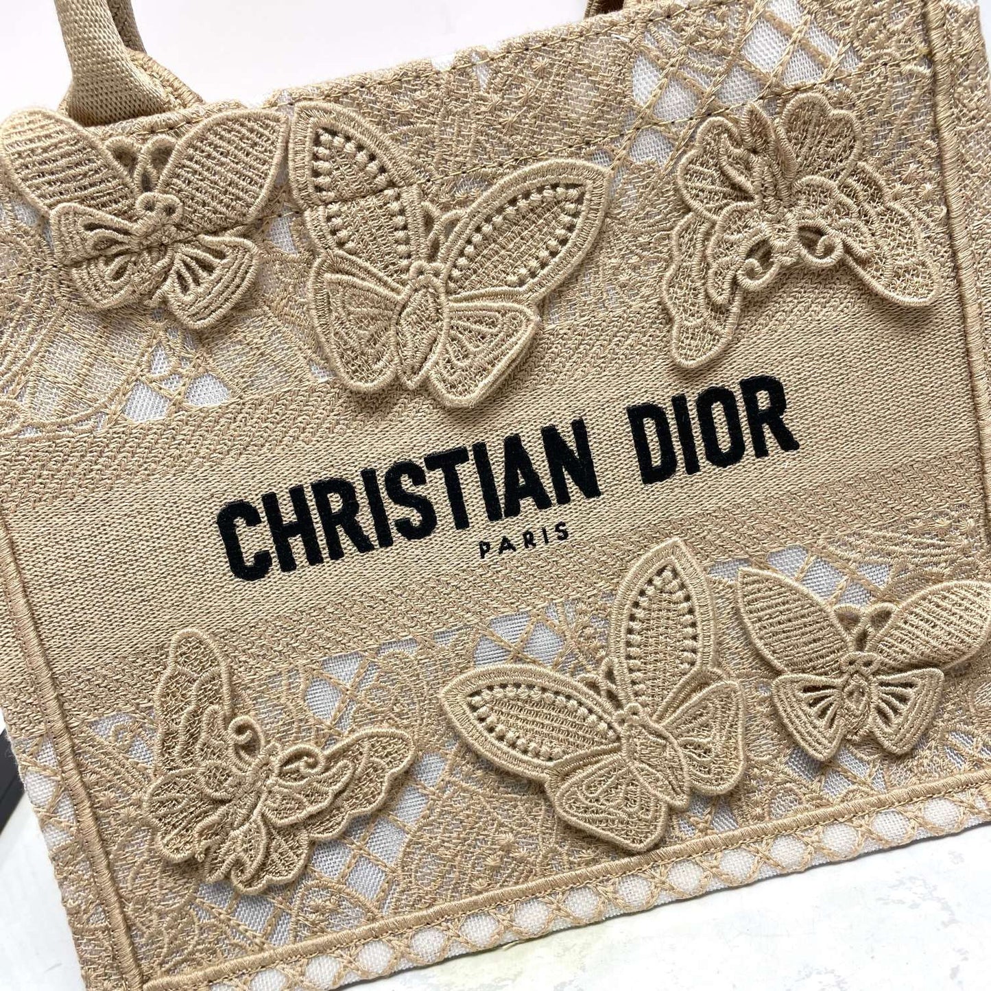 Dior Beige Canvas Tote Handbag with Embroidered 3D Butterflies