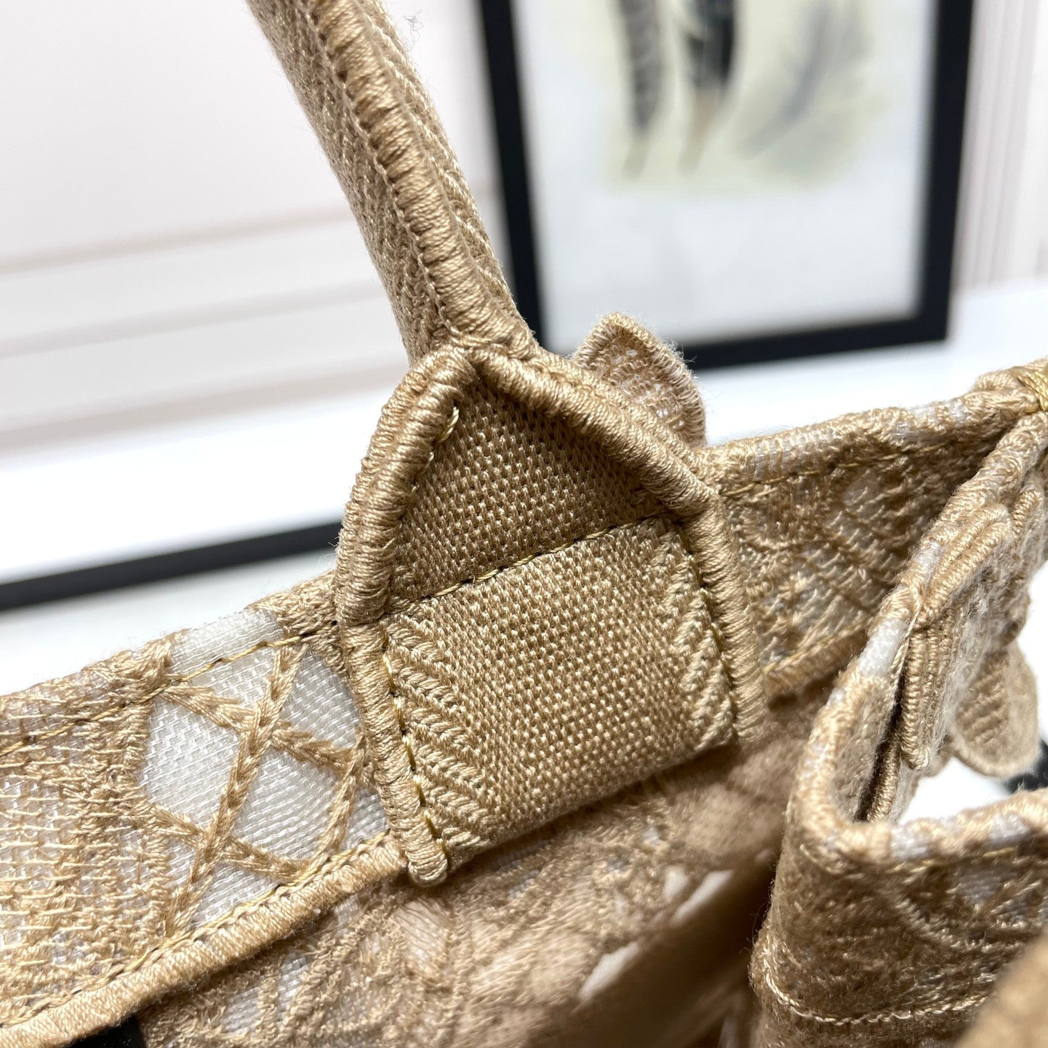 Dior Elegant Beige Canvas Tote Bag with Embroidered Butterfly Details