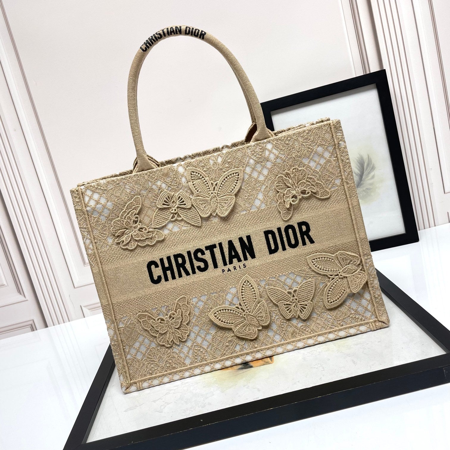 Dior Elegant Beige Woven Canvas Tote Bag with Butterfly Embroidery