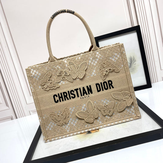 Dior Beige Butterfly Embroidered Canvas Tote Bag with Top Handles