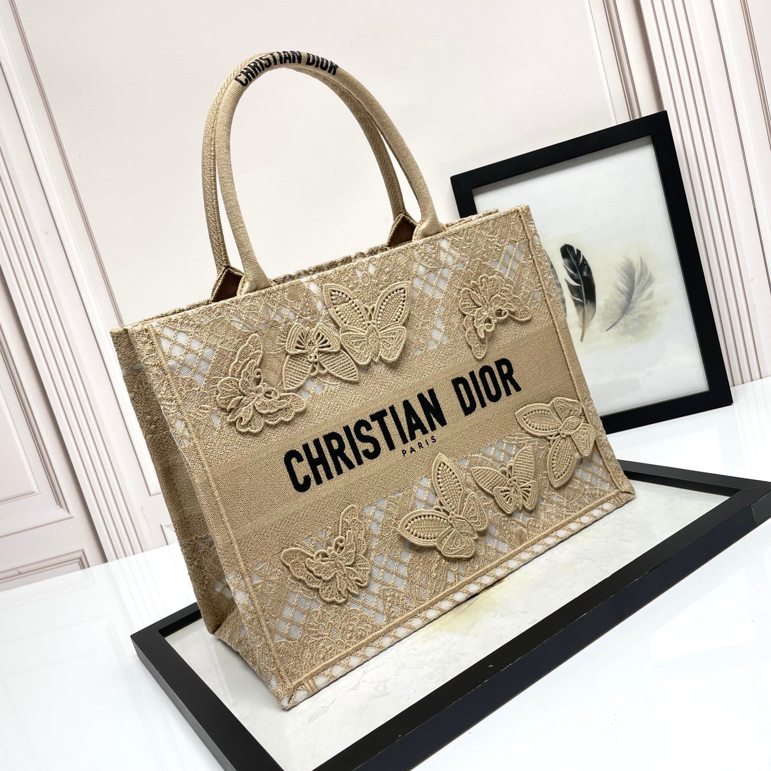 Christian Dior Butterfly Embroidered Book Tote Bag - Beige Canvas