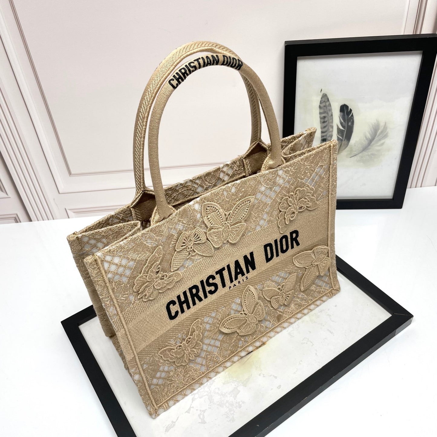 Dior Beige Butterfly Embroidered Canvas Tote Bag with Top Handles