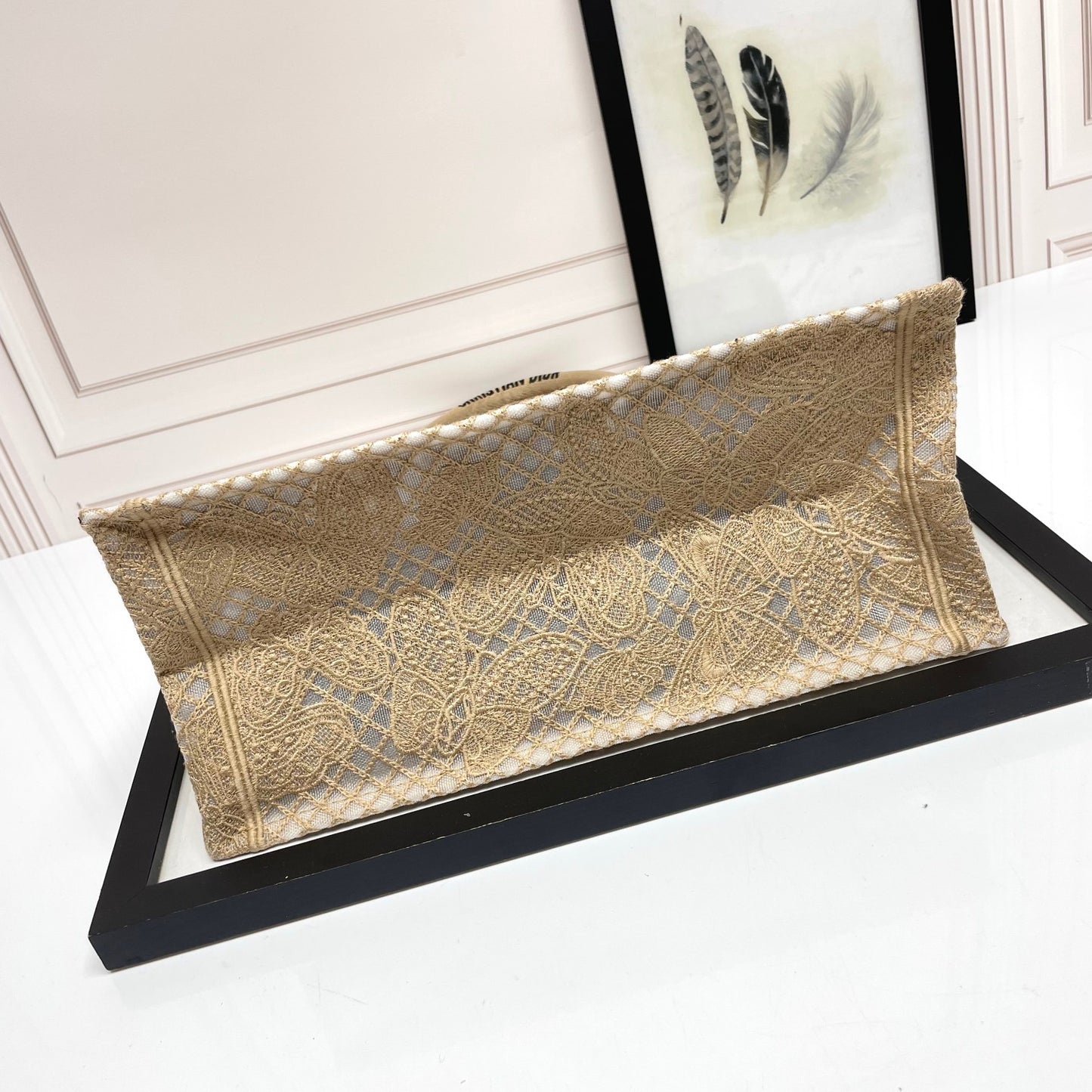 Dior Elegant Beige Woven Canvas Tote Bag with Butterfly Embroidery