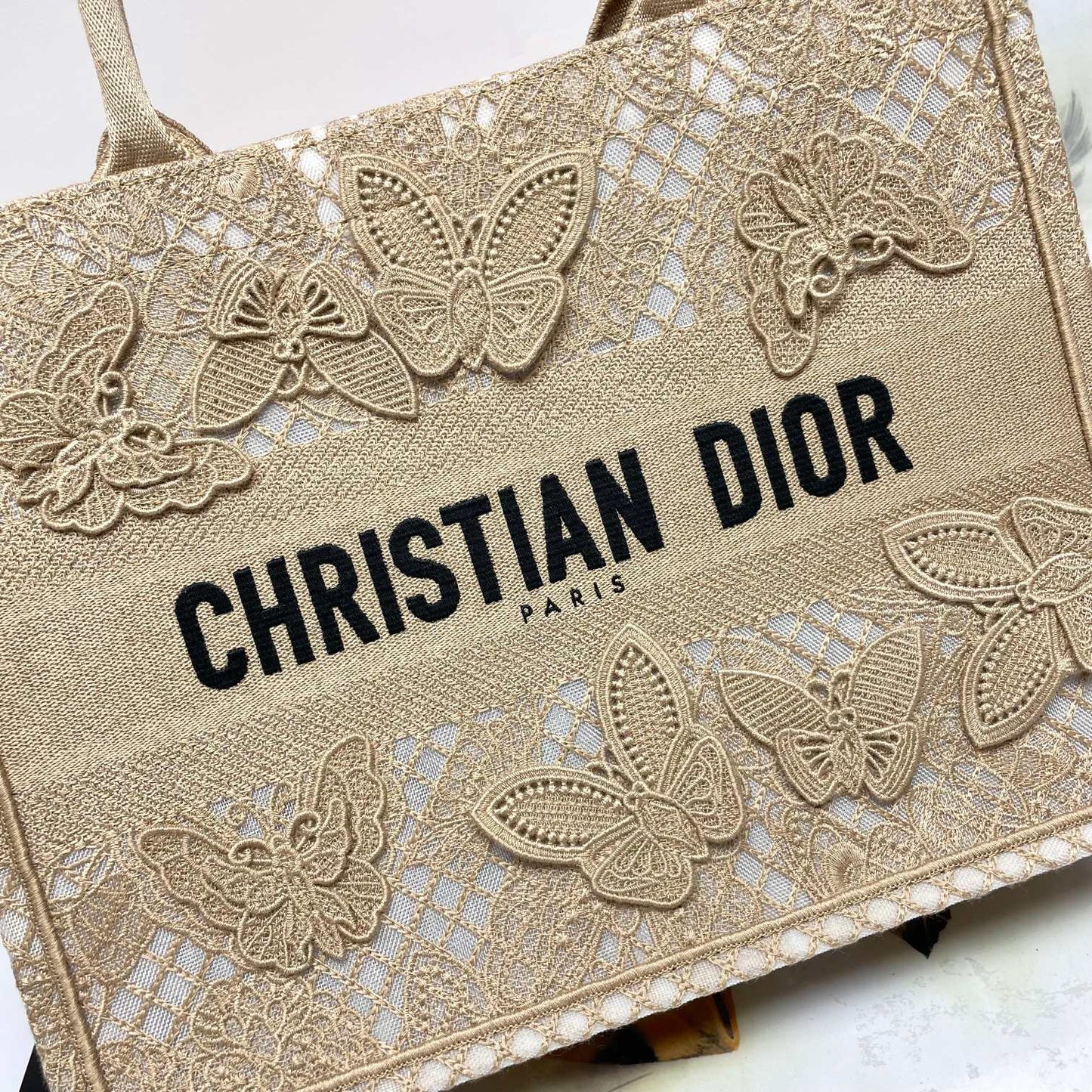 Dior Beige Butterfly Embroidered Canvas Tote Bag with Top Handles