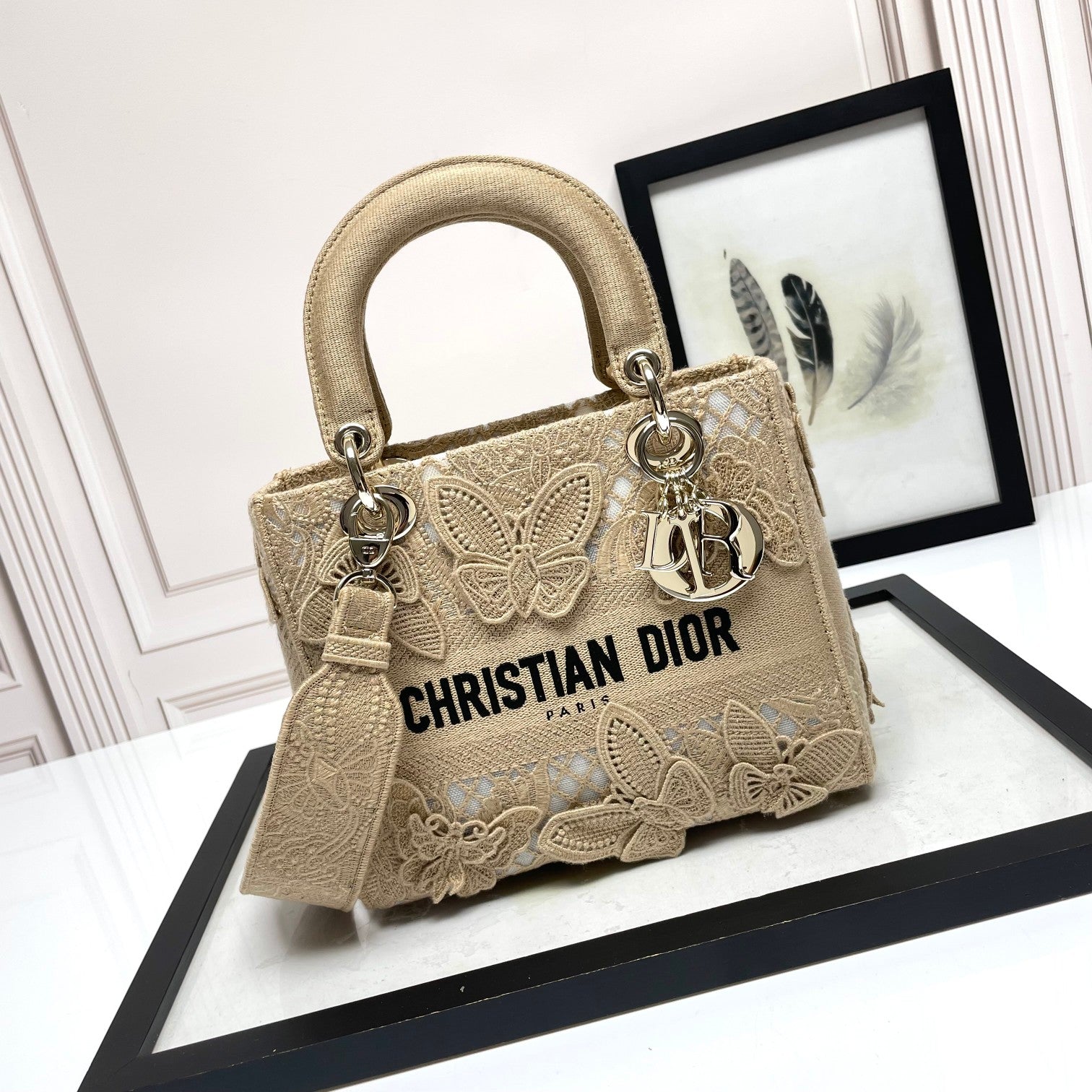 Christian Dior Lady D-Lite Bag with Butterfly Embroidery - Beige