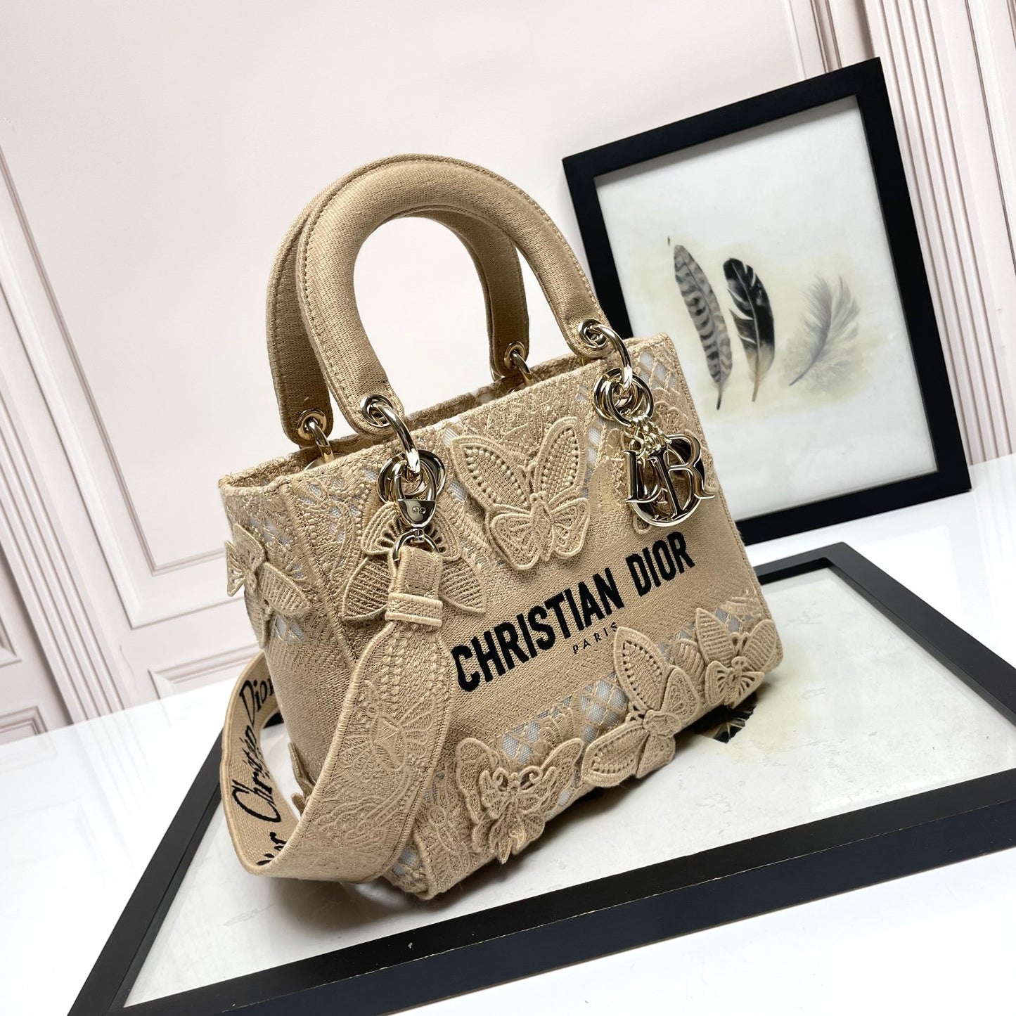 Dior Elegant Beige Butterfly Embroidered Lace Top Handle Bag