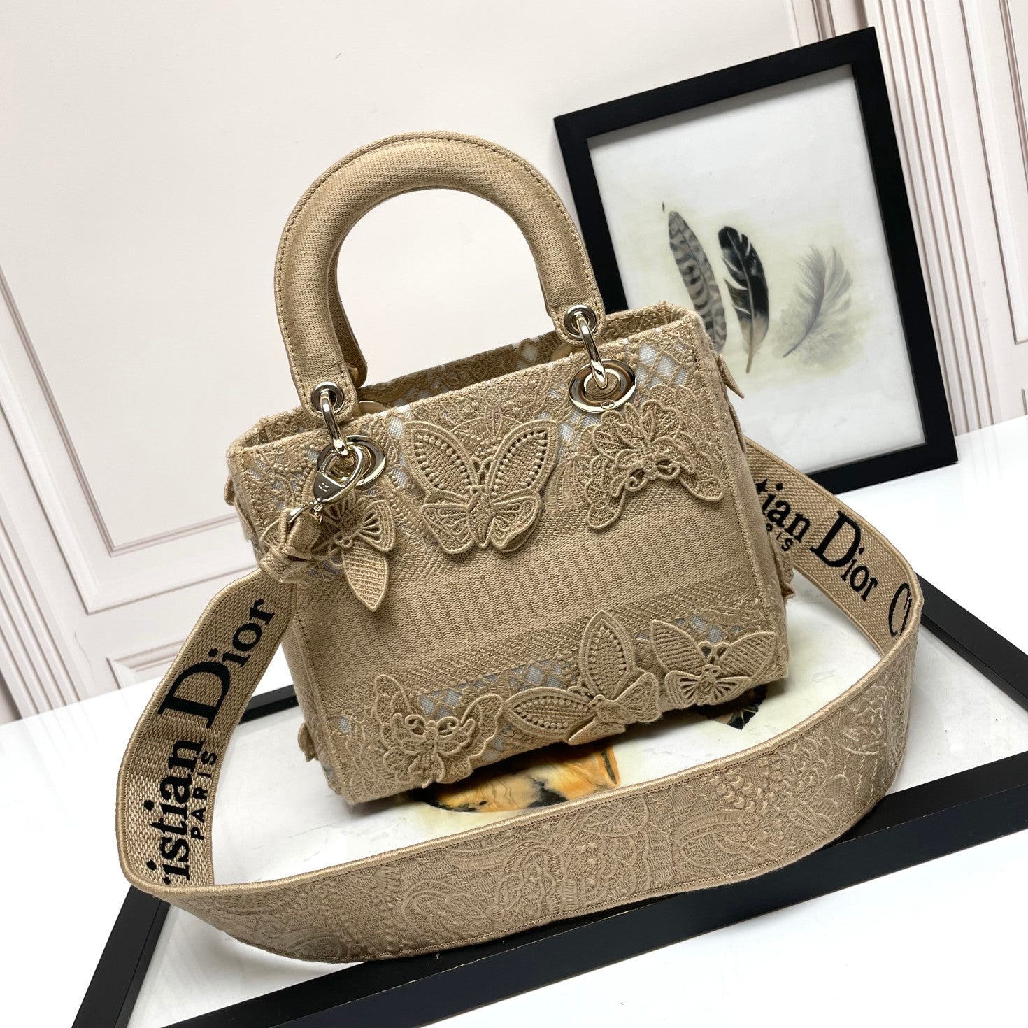 Dior Elegant Beige Butterfly Embroidered Lace Top Handle Bag