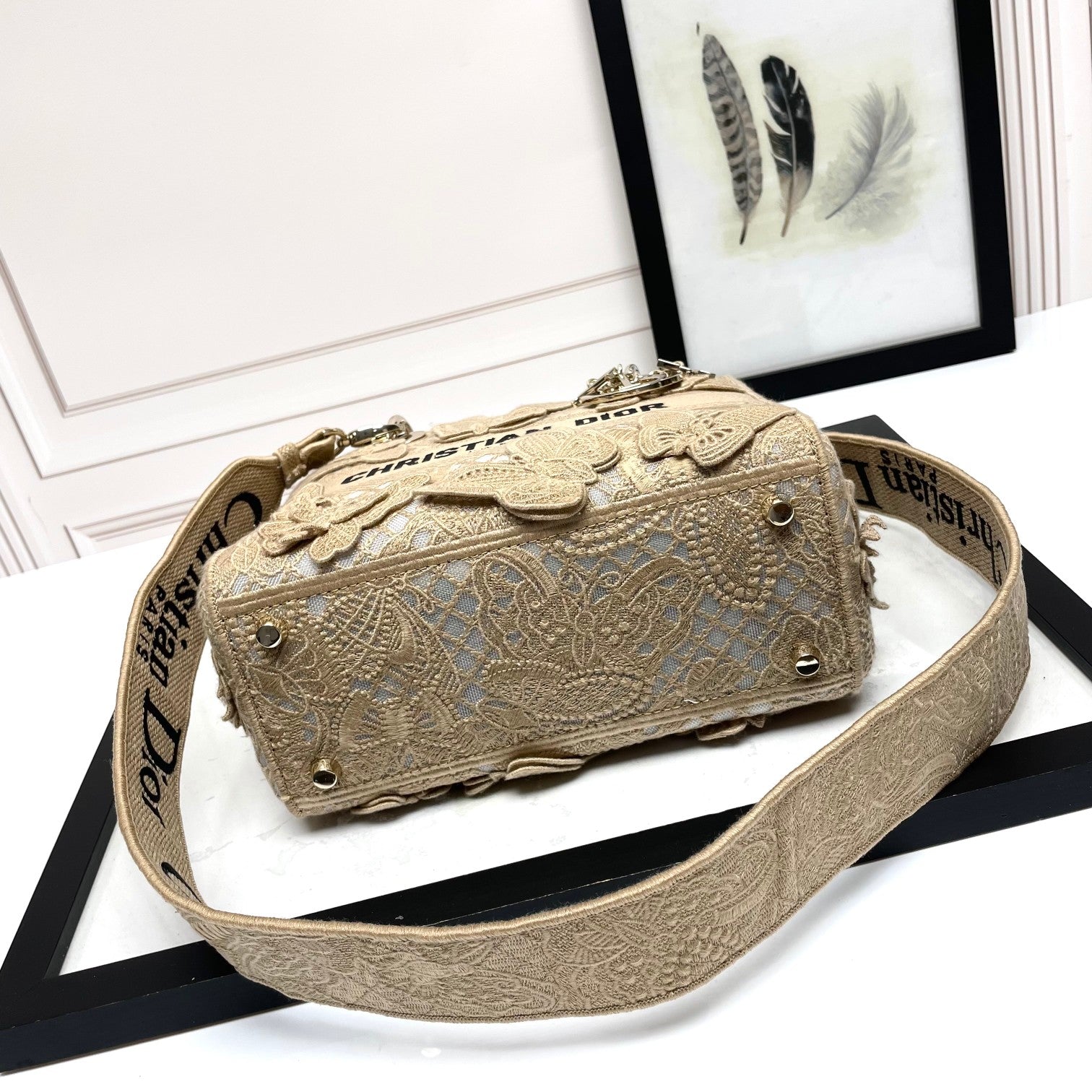 Dior Luxury Beige Butterfly Embroidered Canvas Top Handle Handbag