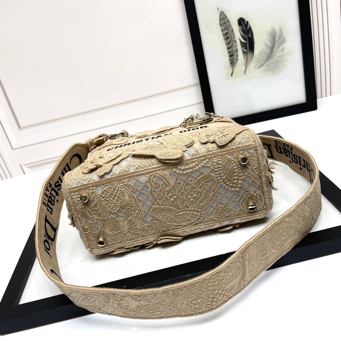 Dior Elegant Beige Butterfly Embroidered Lace Top Handle Bag