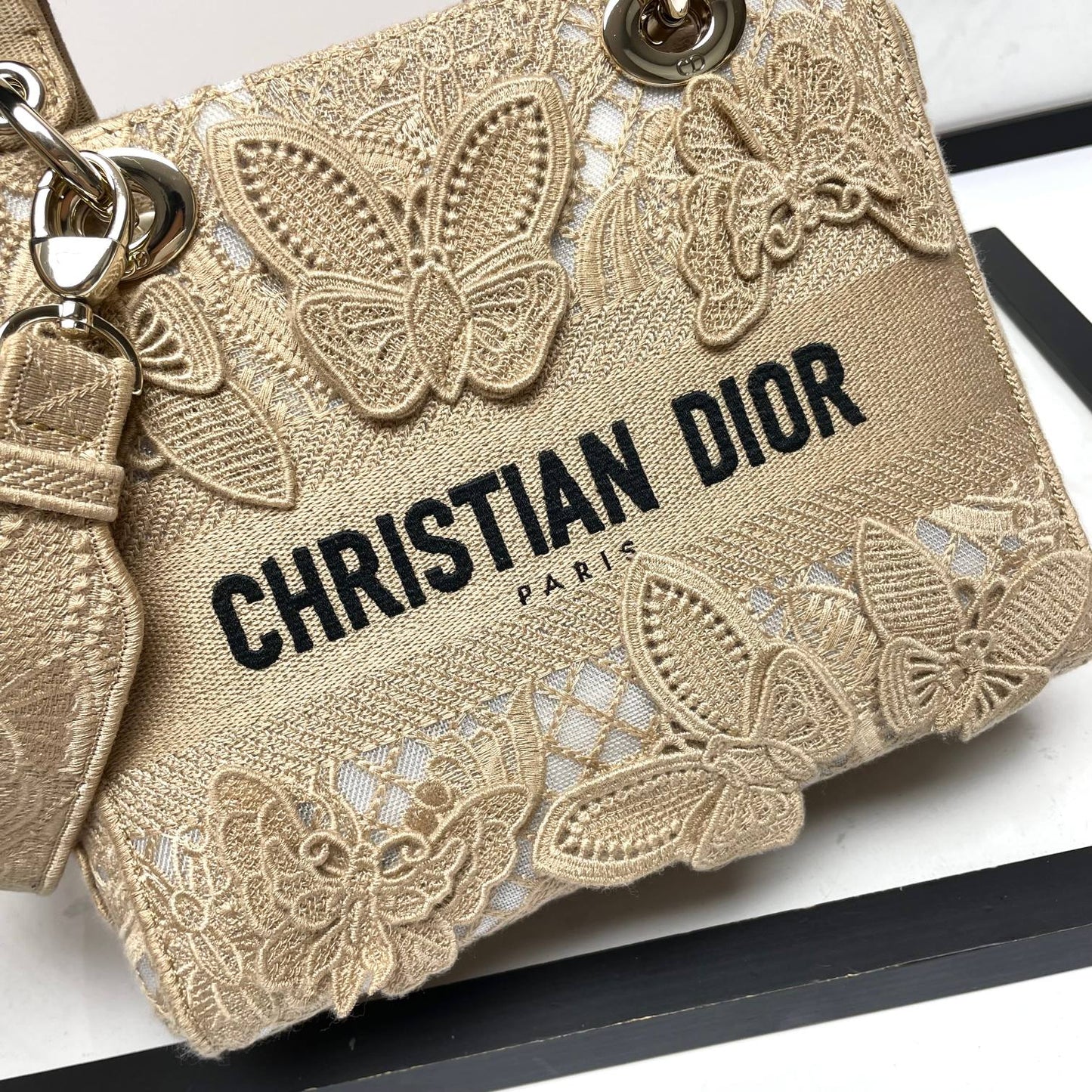 Dior Luxury Beige Butterfly Embroidered Canvas Top Handle Handbag