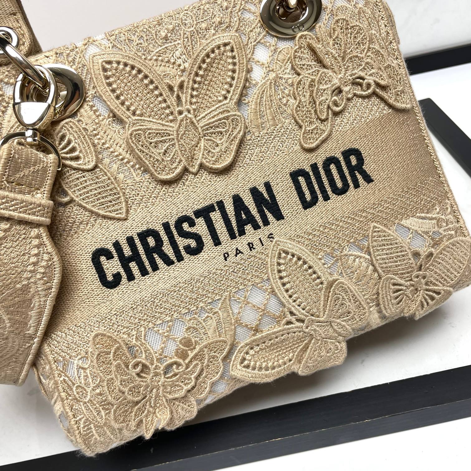 Dior Luxury Beige Butterfly Embroidered Canvas Top Handle Handbag