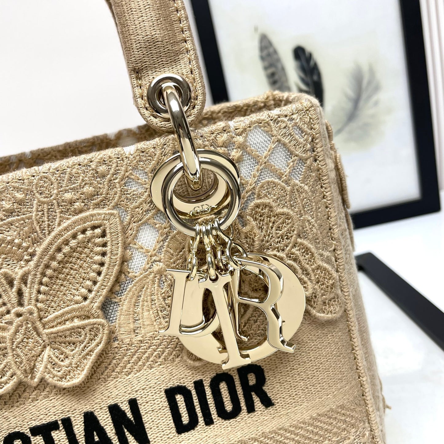 Dior Elegant Beige Butterfly Embroidered Lace Top Handle Bag