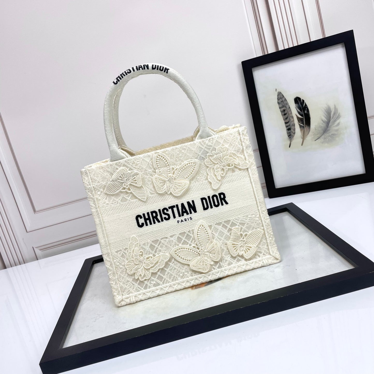Christian Dior White Canvas Book Tote Bag with 3D Butterfly Embroidery