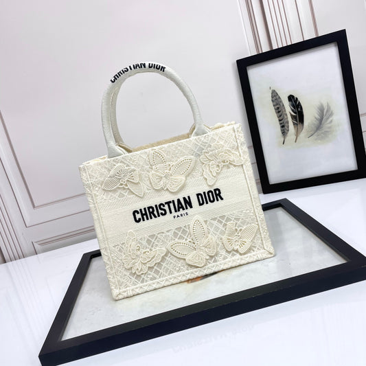 Dior Cream Butterfly Lace Embroidery Top Handle Canvas Tote Handbag