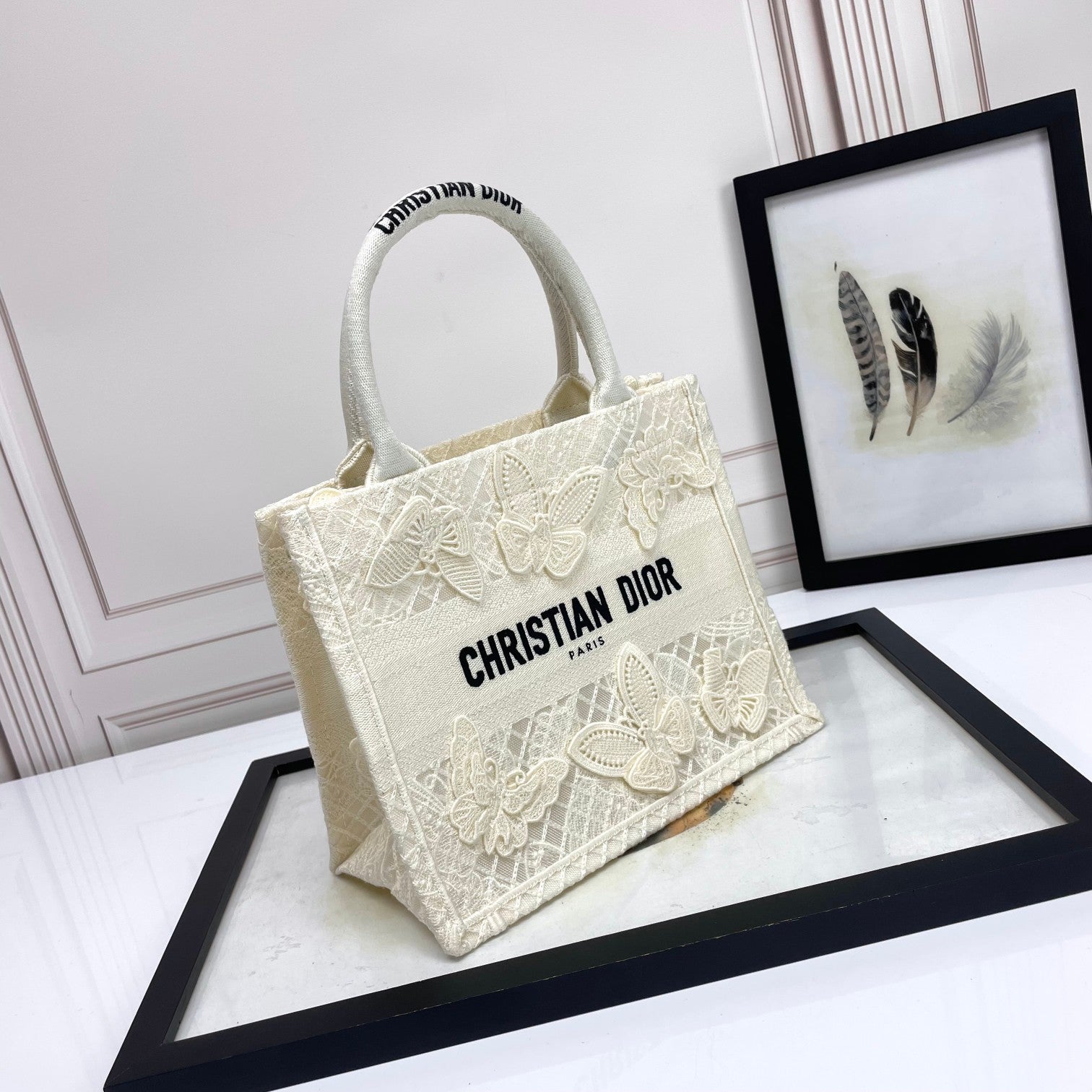 Dior Elegant Off-White Canvas Tote Bag with Embroidered Butterflies