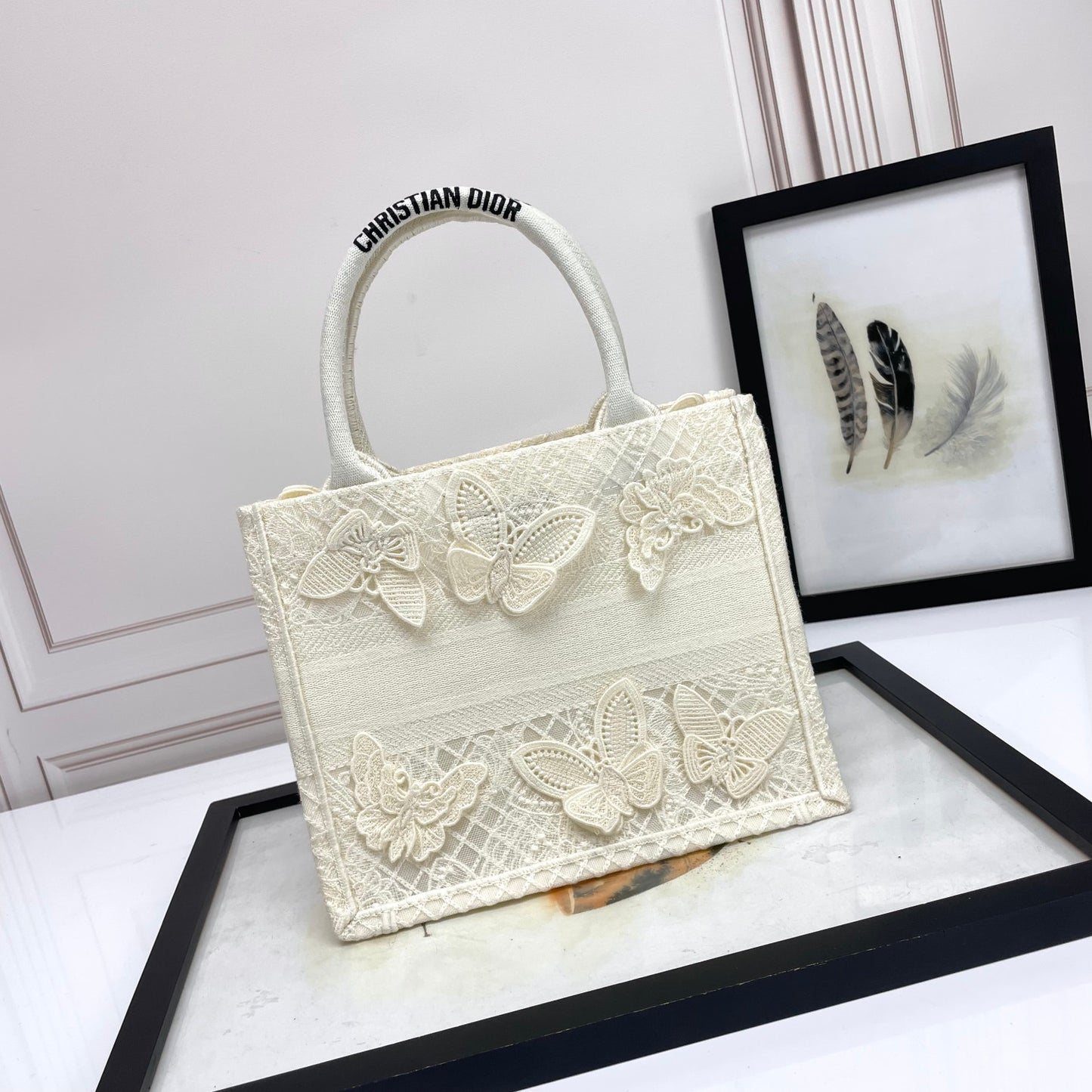 Dior Elegant Off-White Canvas Tote Bag with Embroidered Butterflies