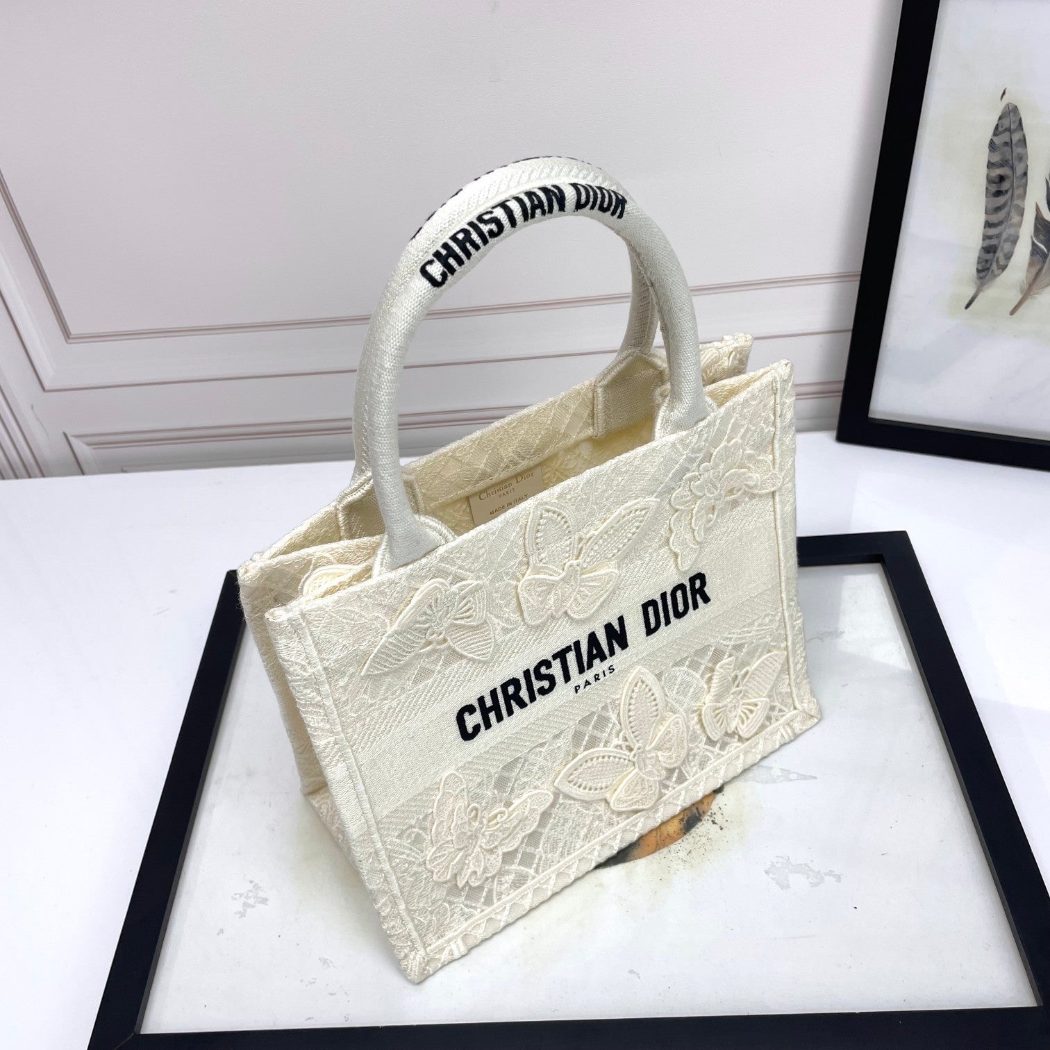 Dior Elegant Off-White Canvas Tote Bag with Embroidered Butterflies
