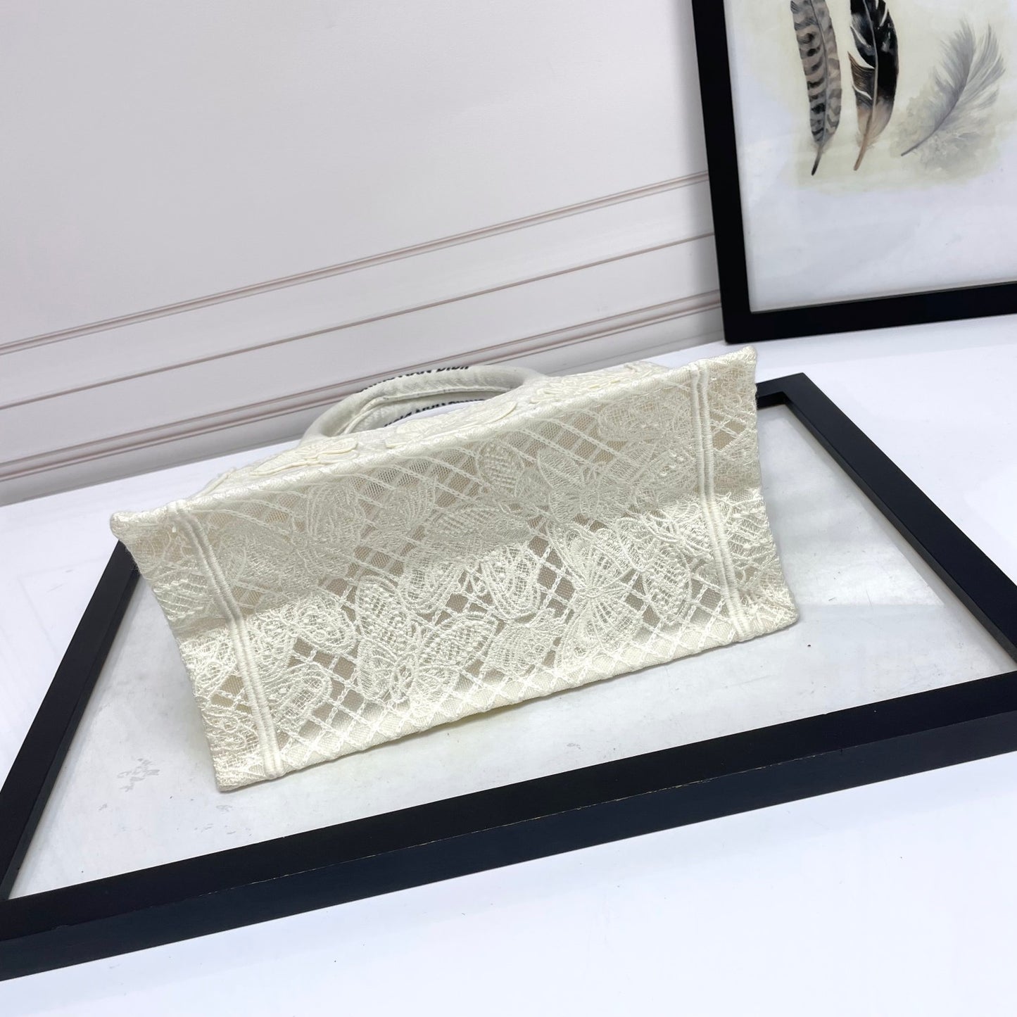 Dior Cream Butterfly Lace Embroidery Top Handle Canvas Tote Handbag