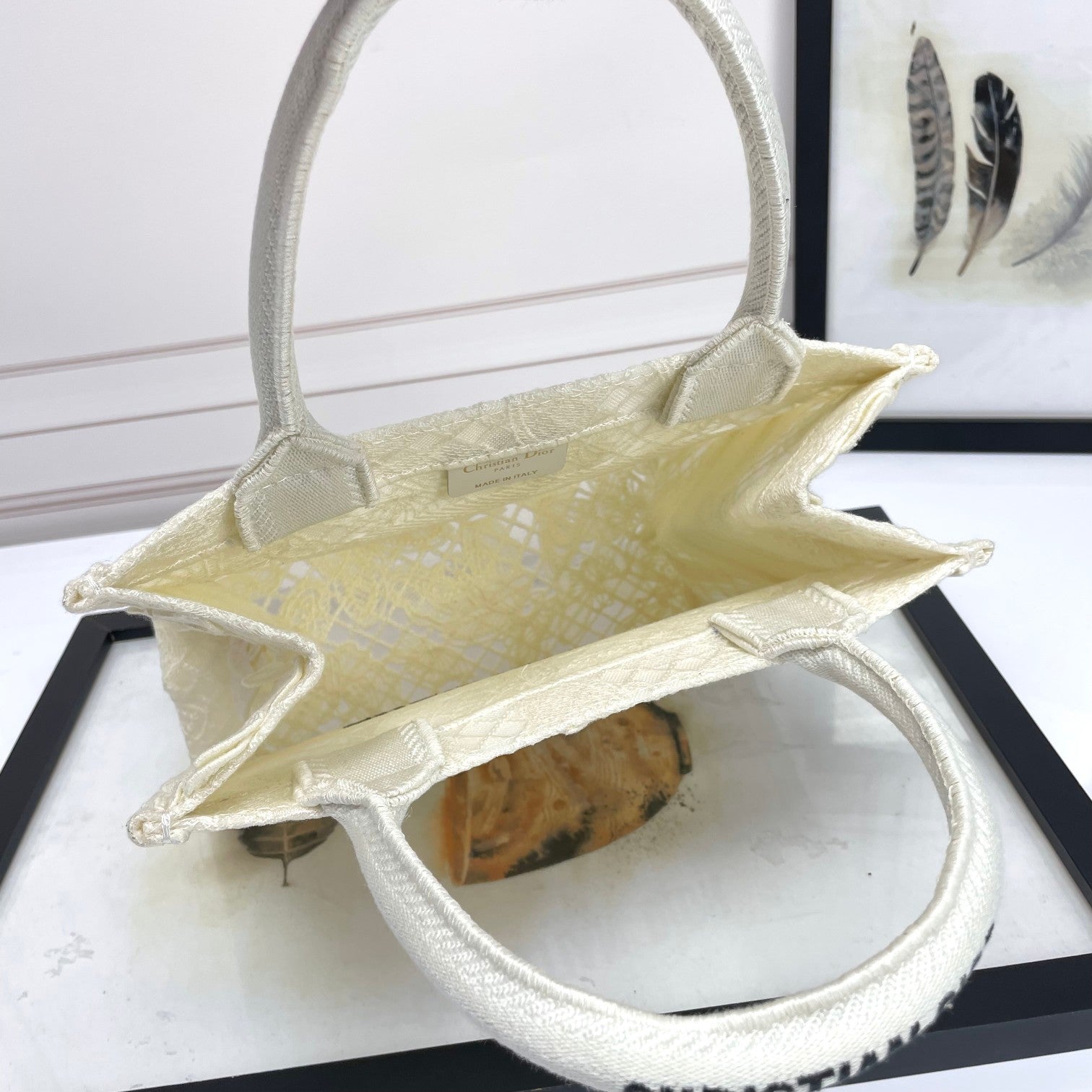 Dior Elegant Off-White Canvas Tote Bag with Embroidered Butterflies
