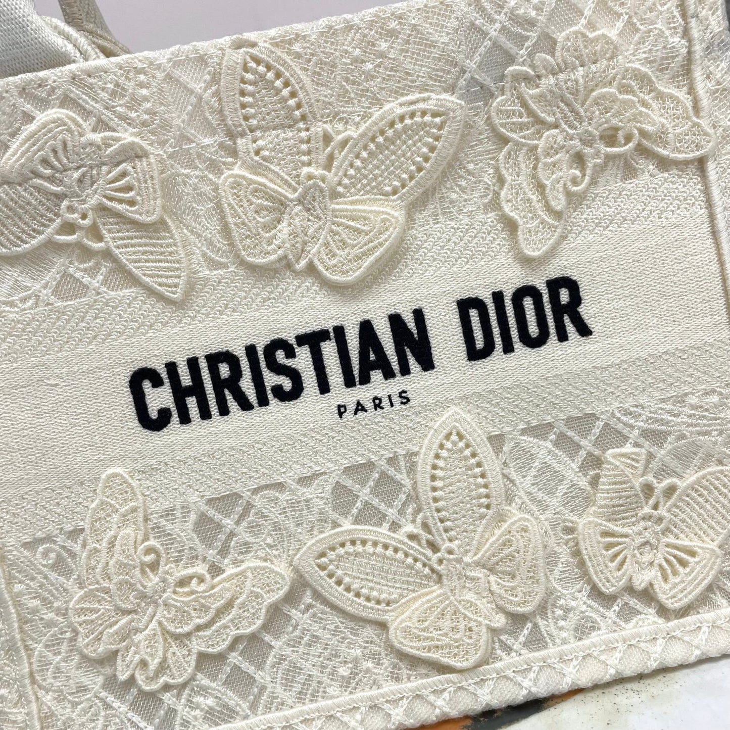 Dior Elegant Off-White Canvas Tote Bag with Embroidered Butterflies