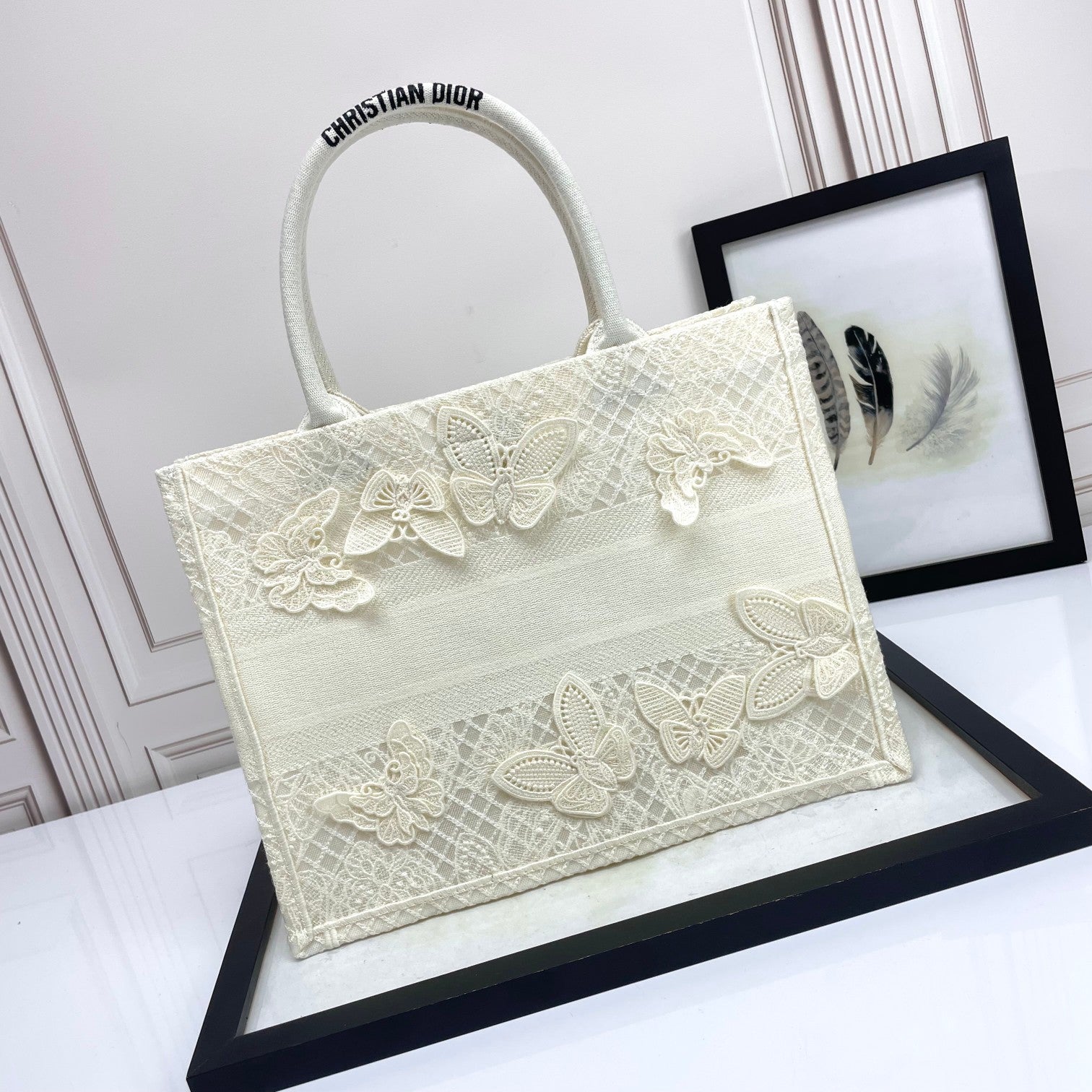 Christian Dior Medium Book Tote - White Butterfly Embroidery Canvas Bag