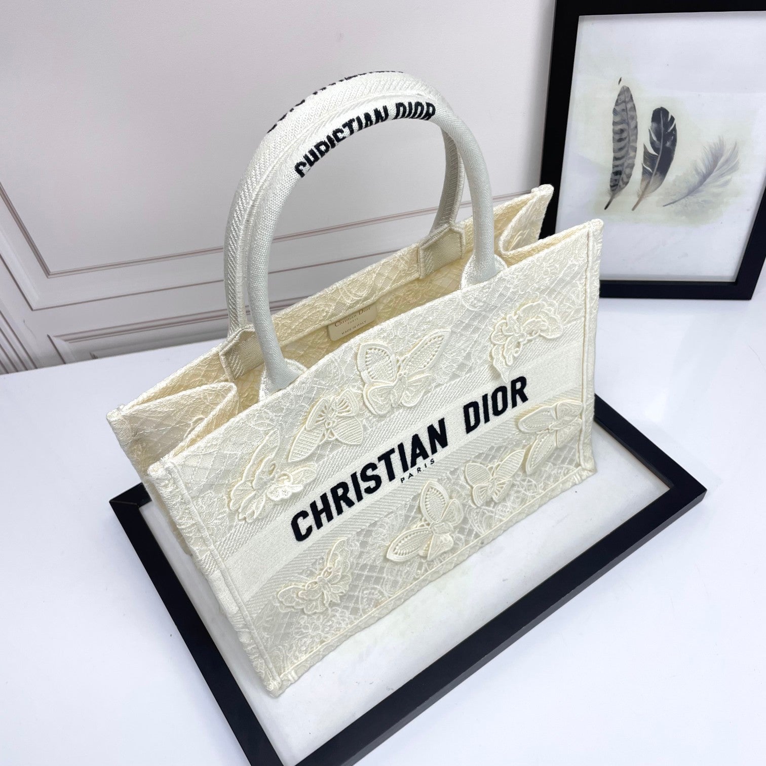 Dior White Butterfly Embroidery Canvas Tote Bag with Top Handles