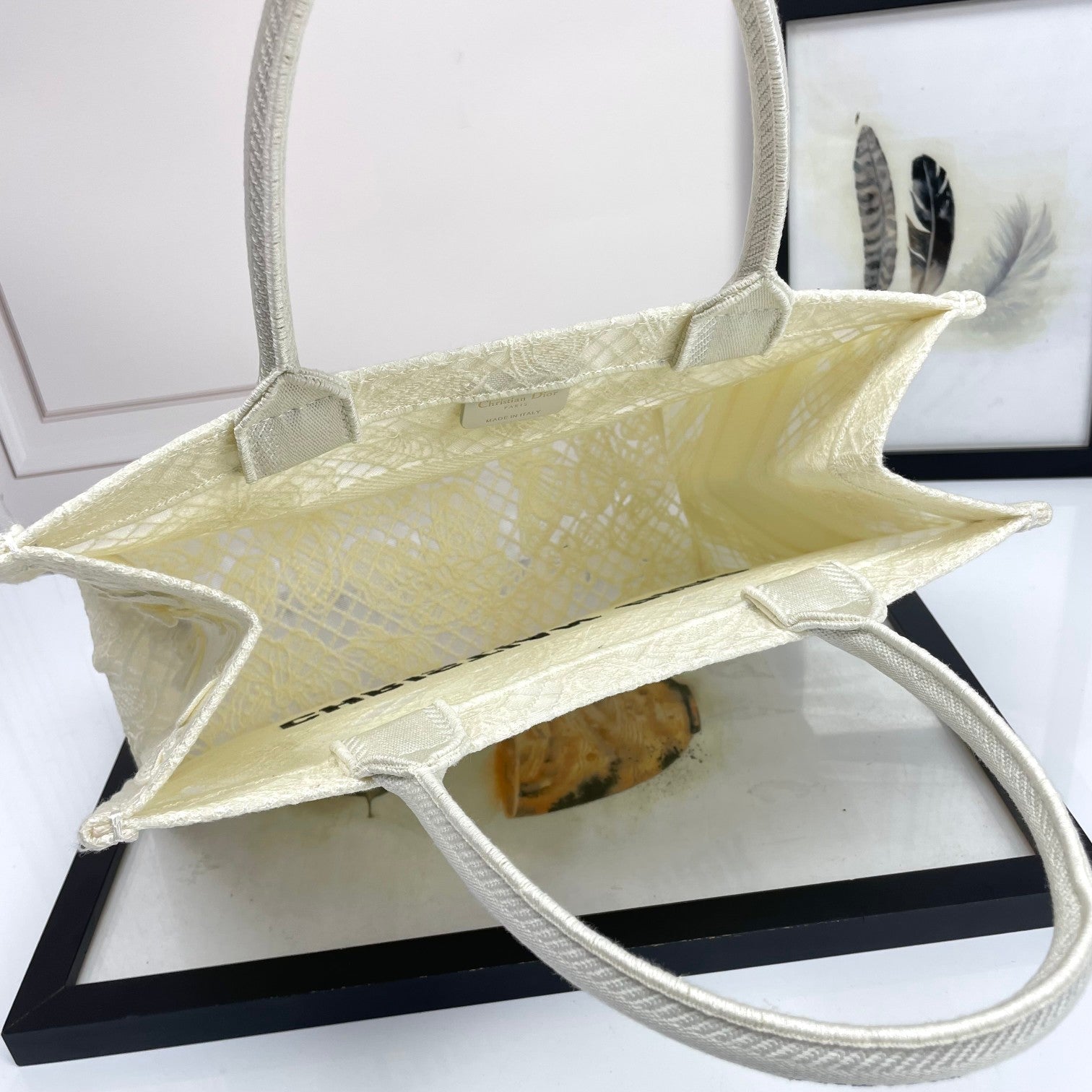 Dior White Butterfly Embroidery Canvas Tote Bag with Top Handles