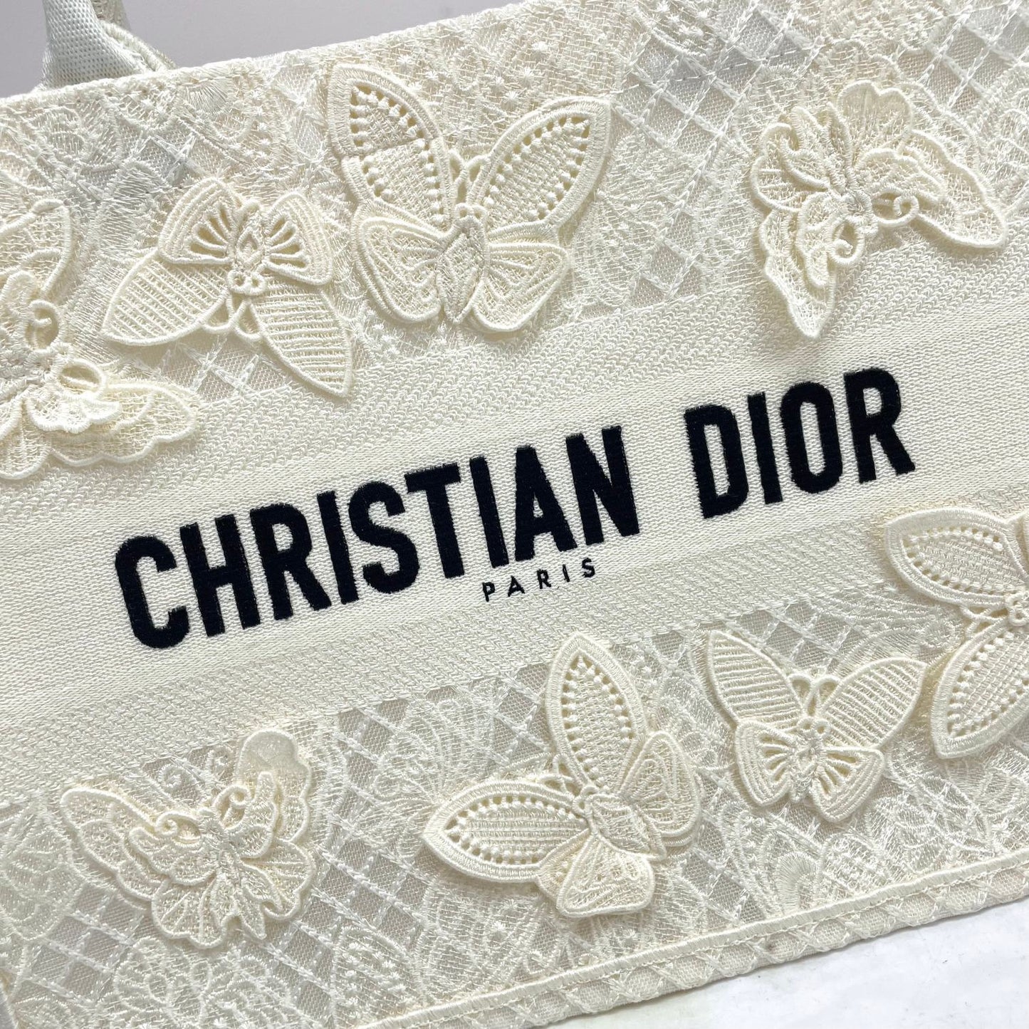Dior White Butterfly Embroidery Canvas Tote Bag with Top Handles