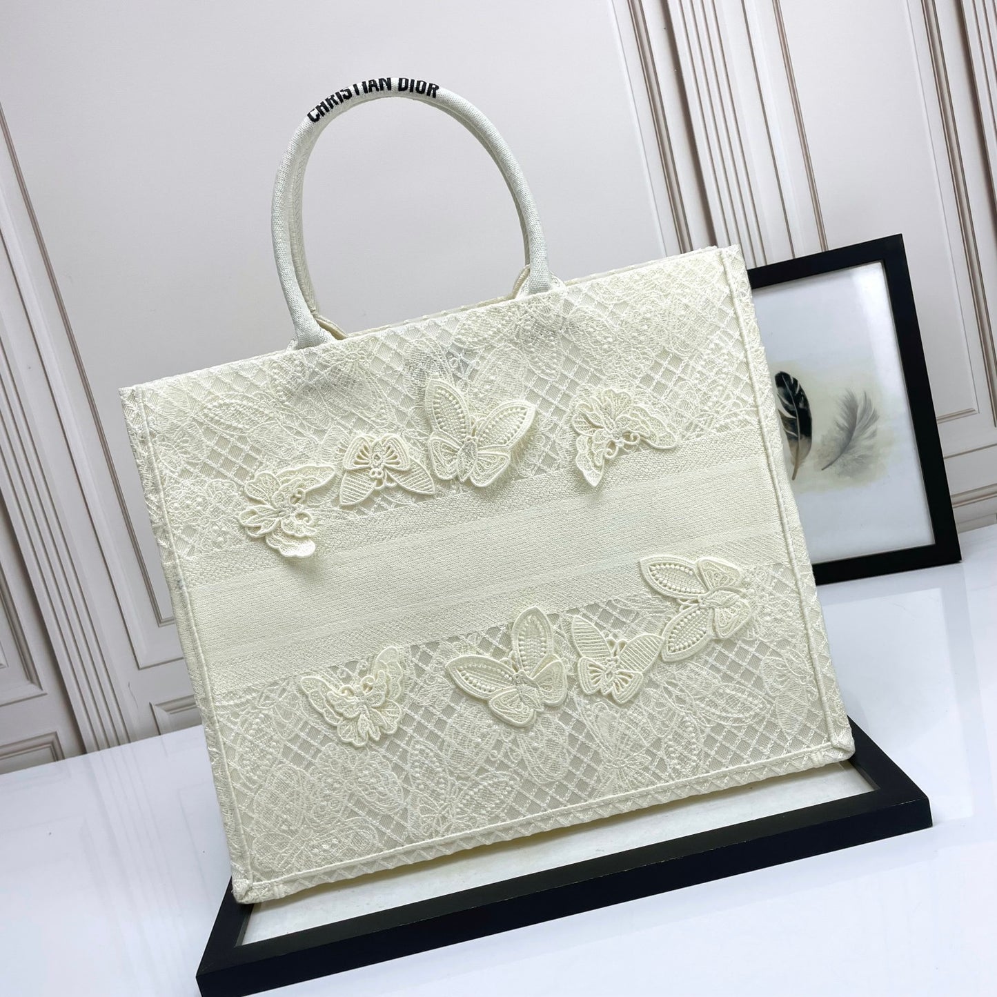 Dior Elegant Off-White Canvas Tote Bag with Butterfly Embroidery