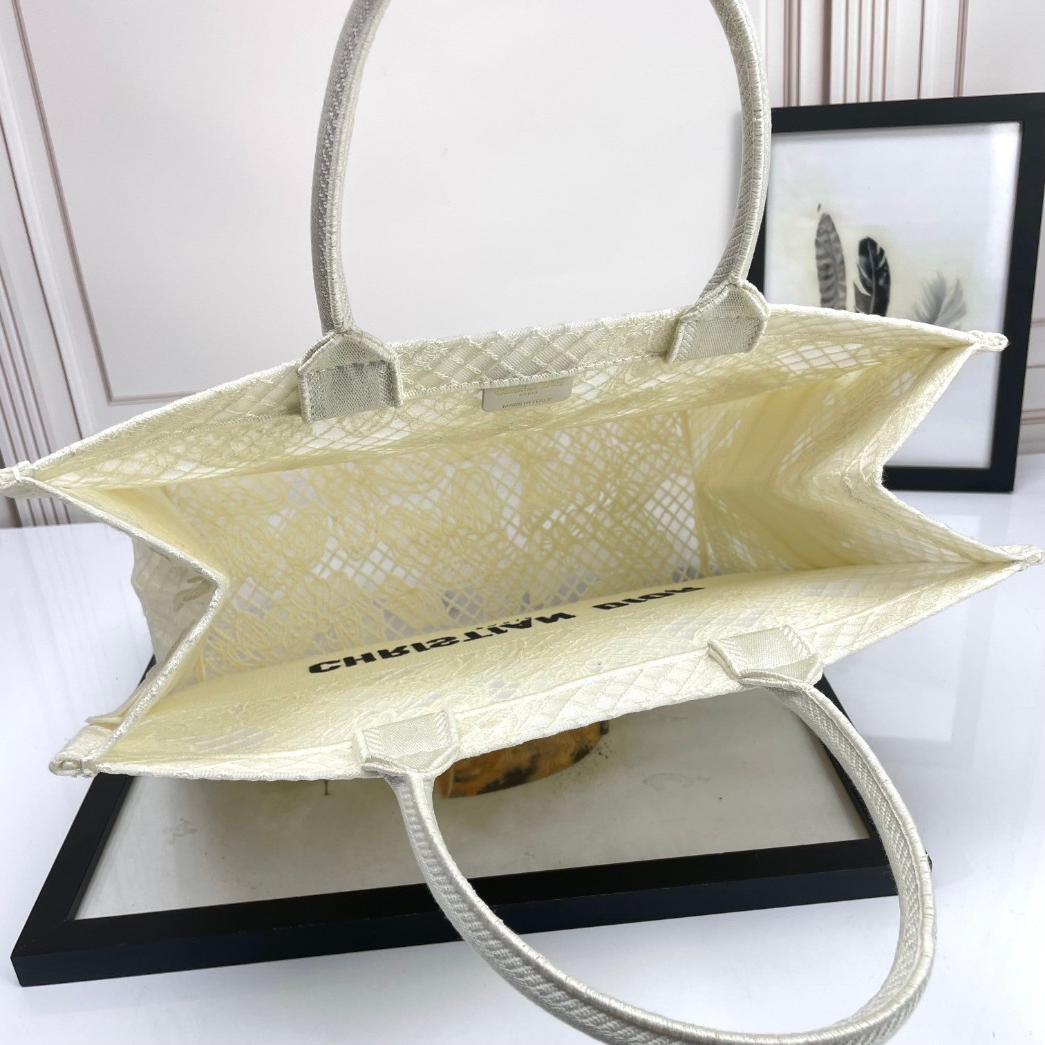 Dior Elegant Cream Canvas Handbag with 3D Textured Butterfly Appliqué