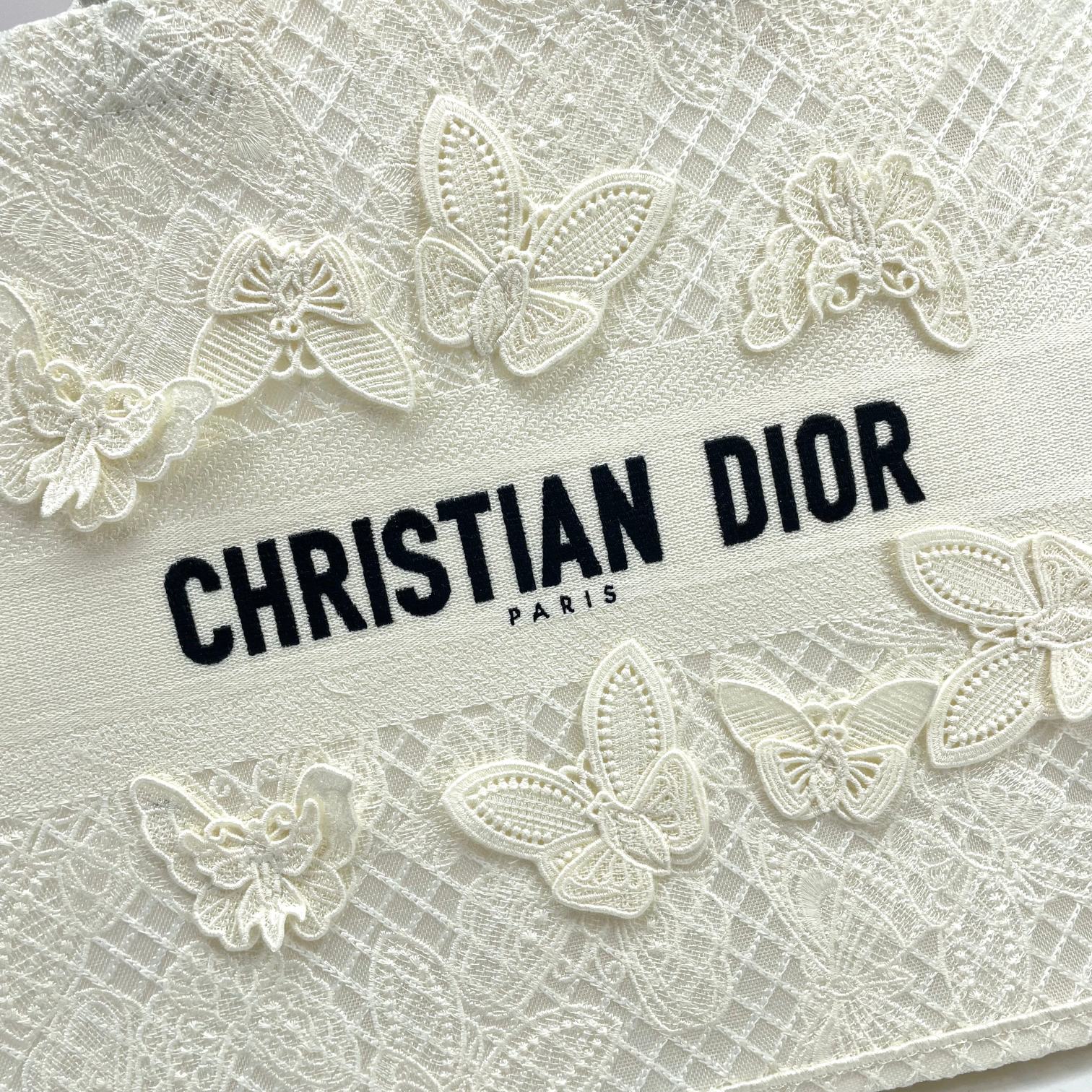 Dior Elegant Off-White Canvas Tote Bag with Butterfly Embroidery