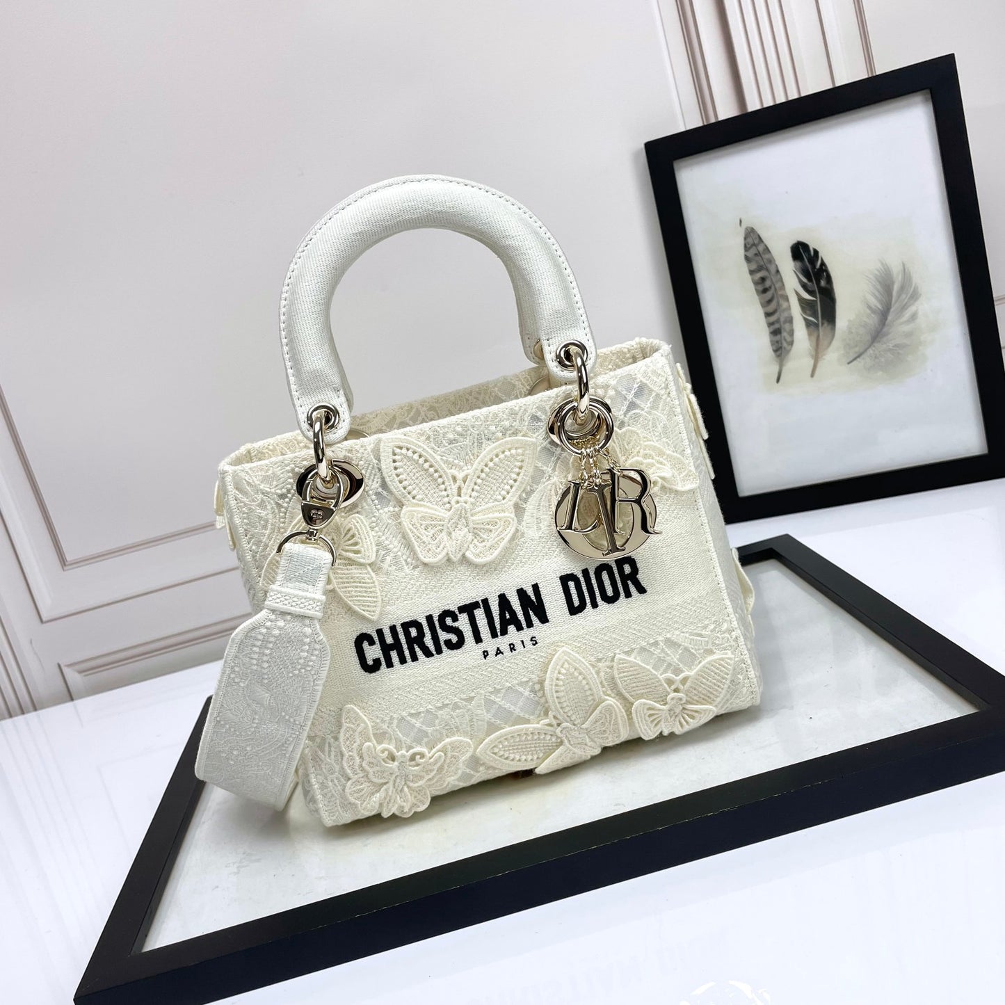 Dior Off-White Embroidered Butterfly Top Handle Handbag with Strap