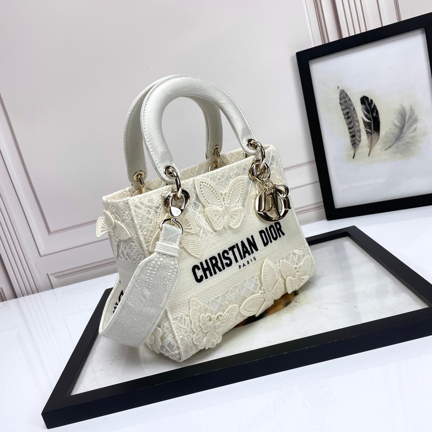 Christian Dior Lady D-Lite Medium Bag - White Butterfly Embroidery