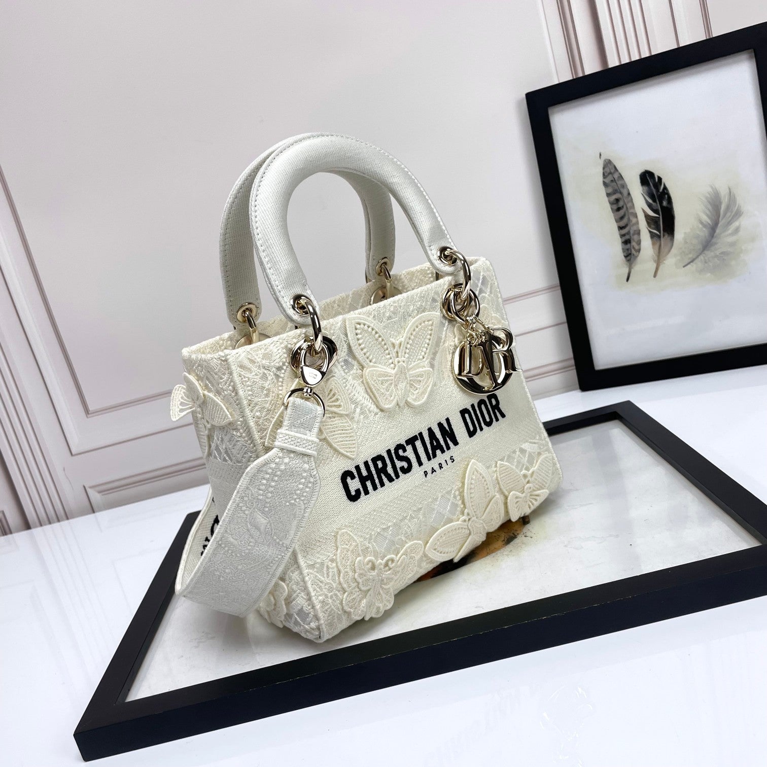Dior Off-White Embroidered Butterfly Top Handle Handbag with Strap