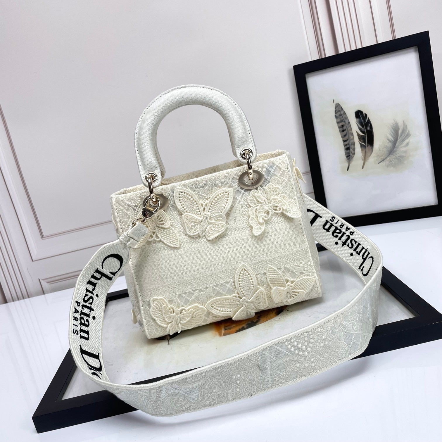 Dior White Butterfly Embroidered Canvas Top Handle Bag with Shoulder Strap