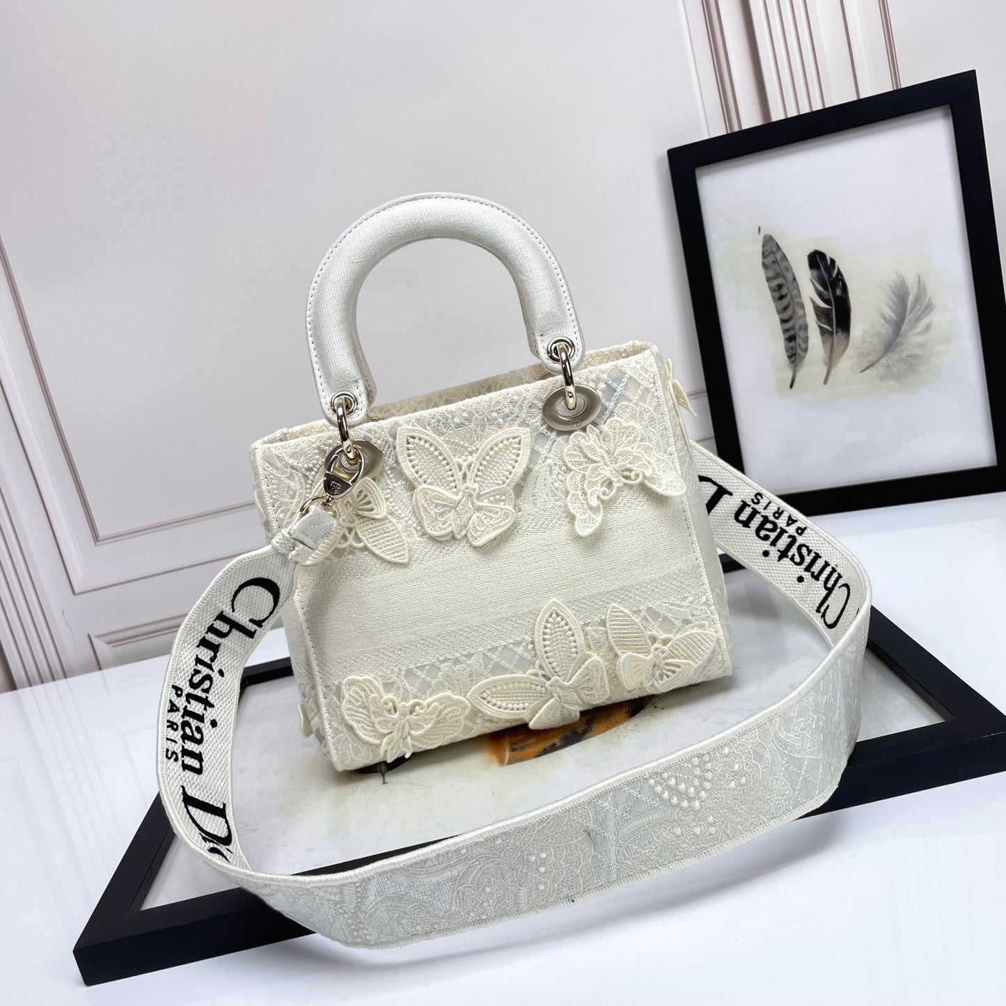 Dior Luxury White Butterfly Embroidered Top Handle Bag with Shoulder Strap