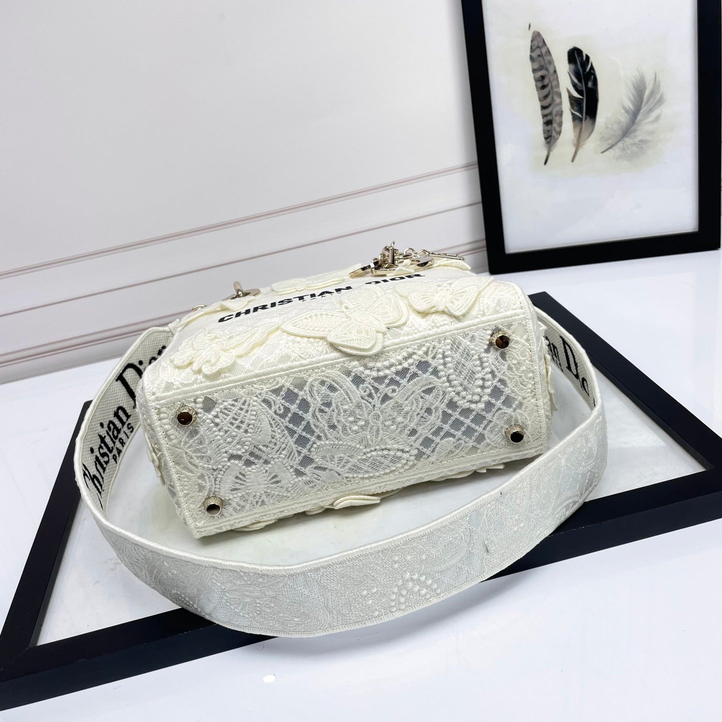 Dior White Butterfly Embroidered Canvas Top Handle Bag with Shoulder Strap