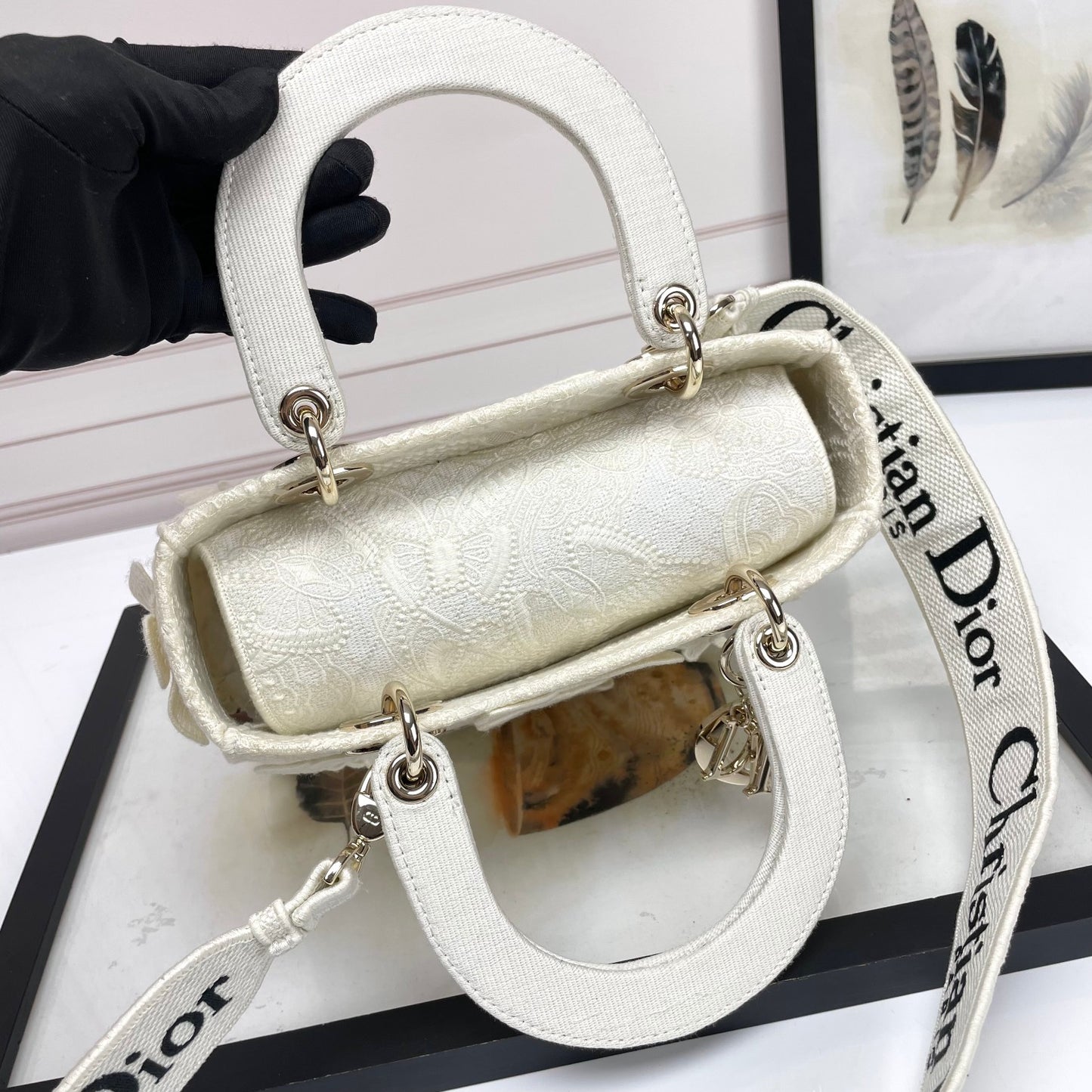 Christian Dior White Lady D-Lite Handbag with Butterfly Embroidery and Shoulder Strap