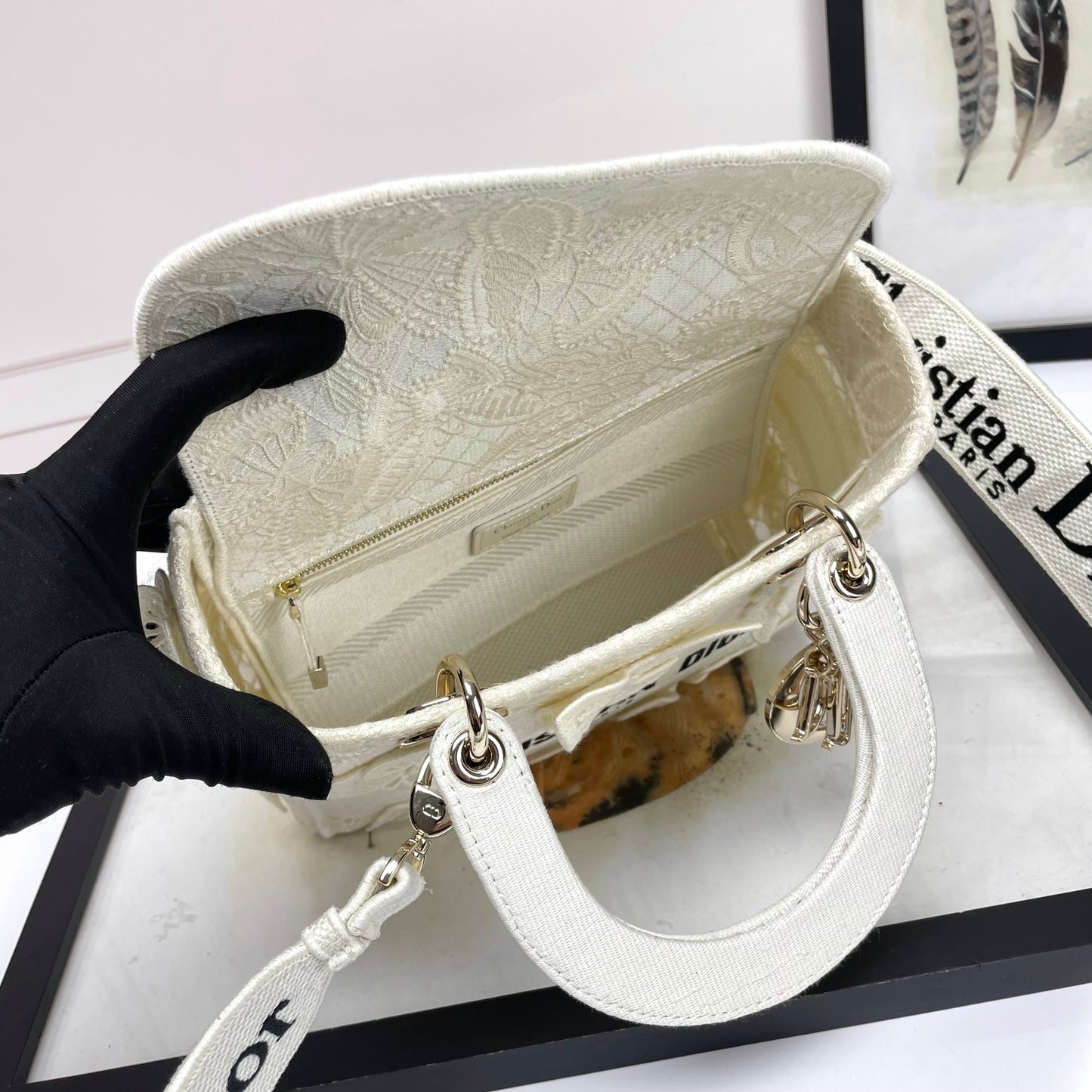 Dior Off-White Embroidered Butterfly Top Handle Handbag with Strap