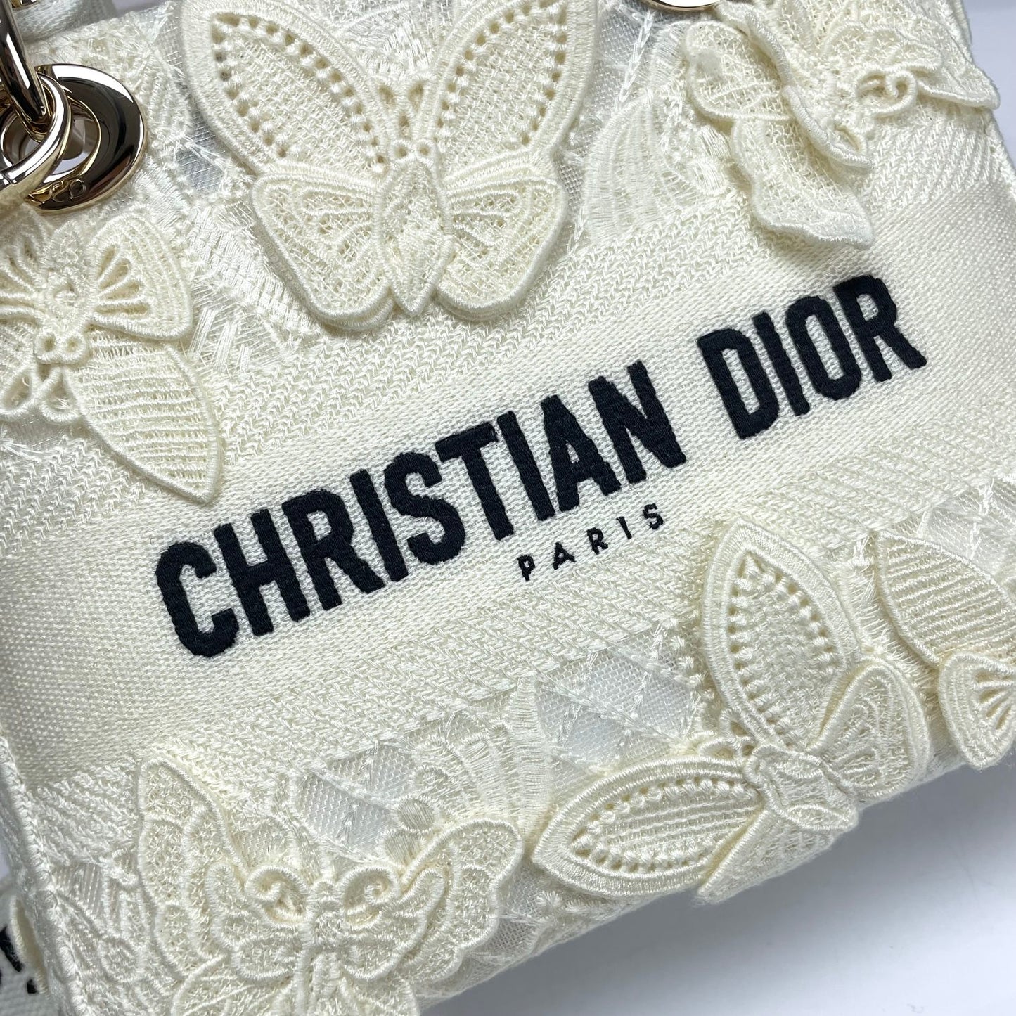 Dior Off-White Embroidered Butterfly Top Handle Handbag with Strap