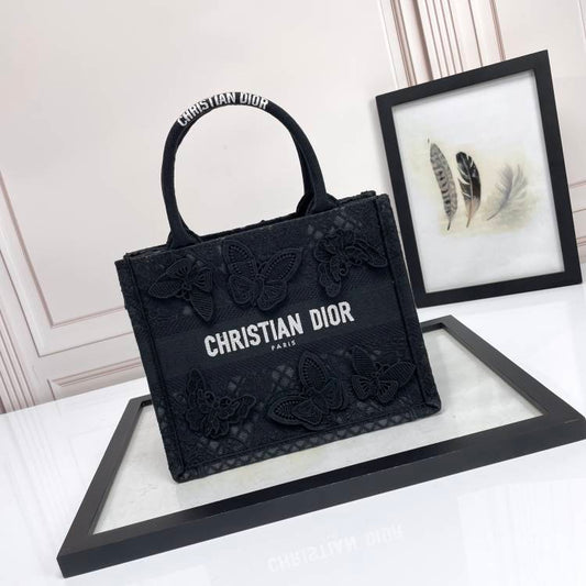 Dior Elegant Black Canvas Tote Bag with Embroidered Butterfly Detail