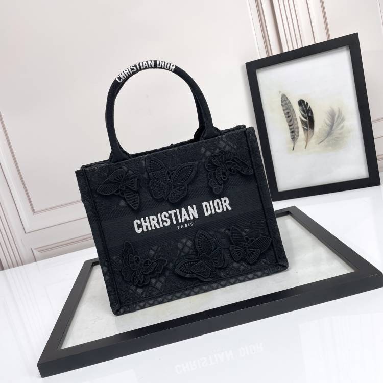 Dior Elegant Black Embroidered Butterfly Canvas Tote Handbag
