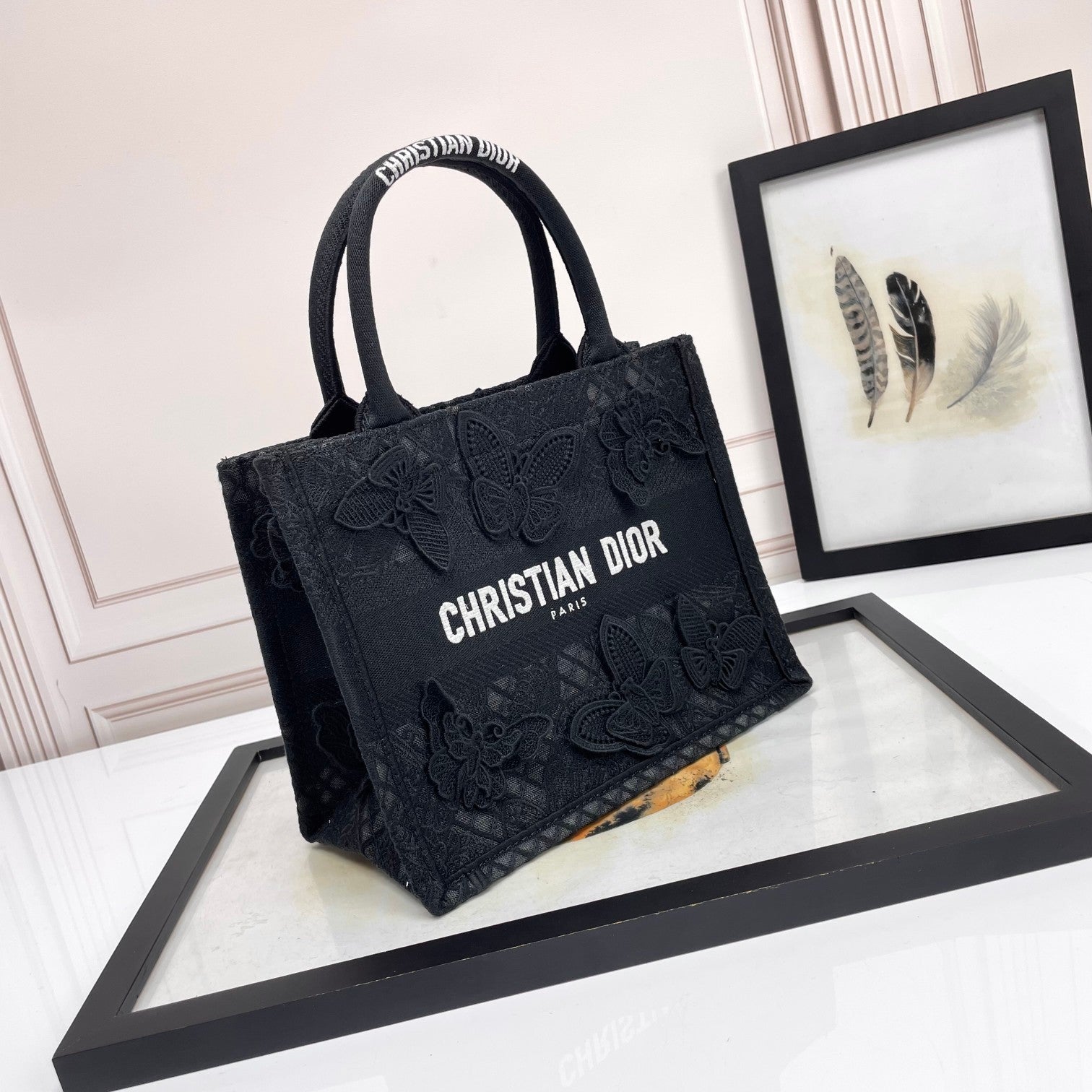 Dior Elegant Black Embroidered Butterfly Canvas Tote Handbag