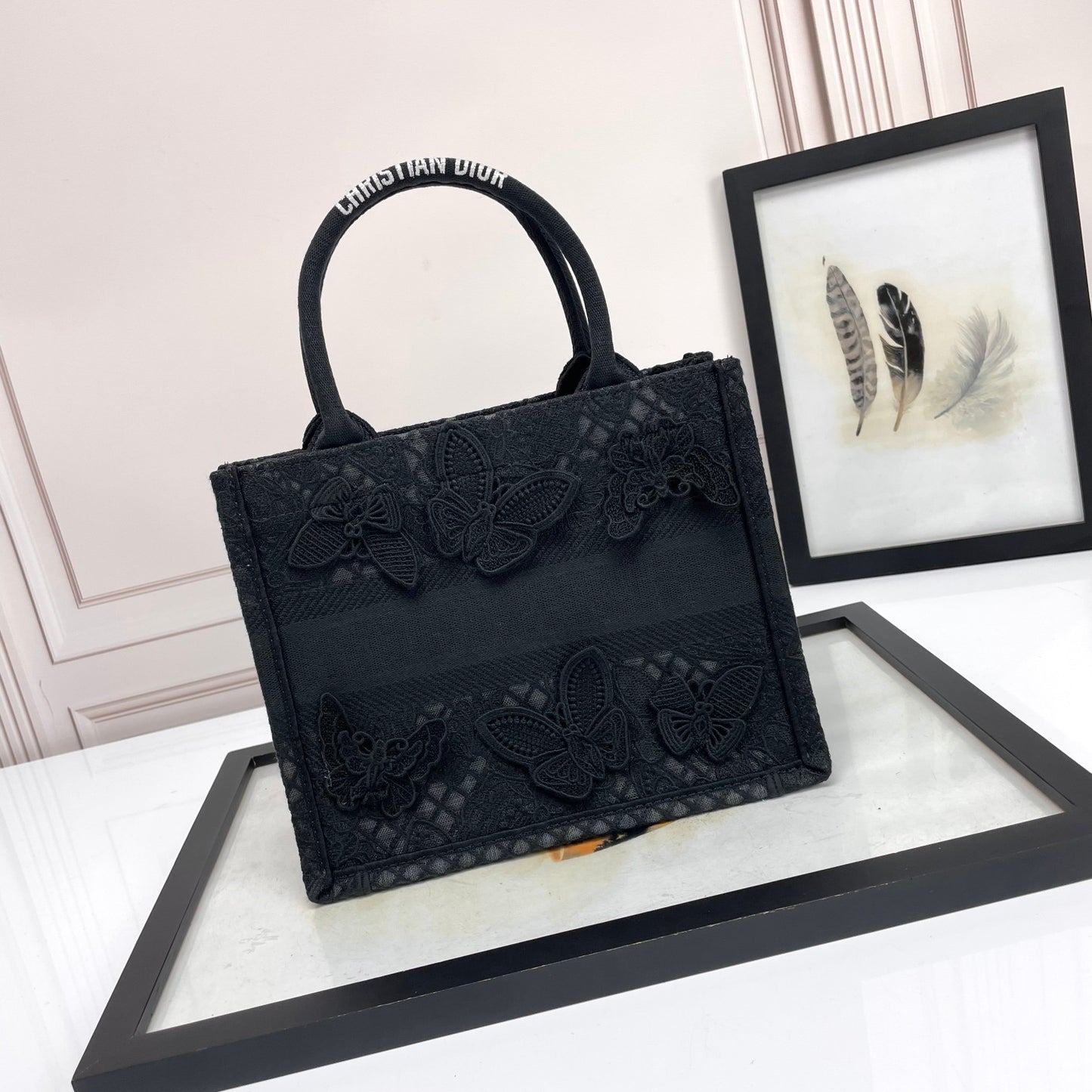 Dior Elegant Black Canvas Tote Bag with Embroidered Butterfly Detail