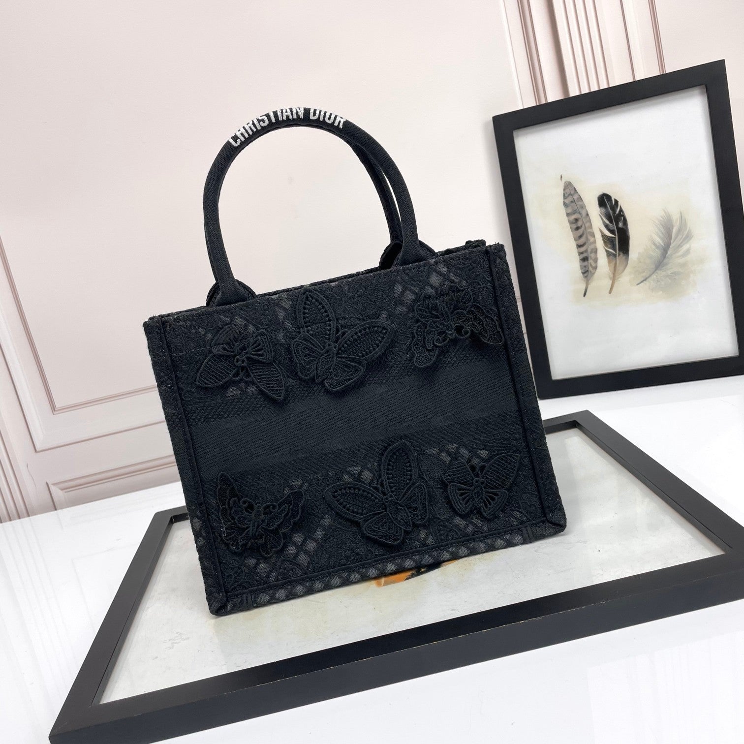 Dior Elegant Black Canvas Tote Bag with Embroidered Butterfly Detail