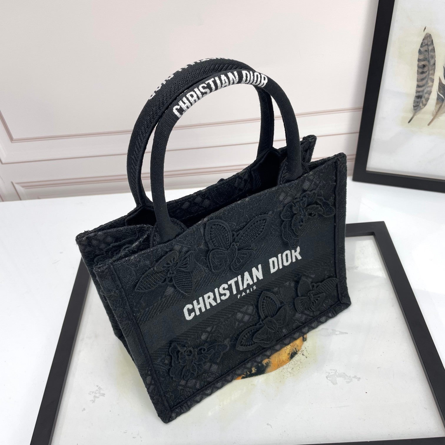 Dior Elegant Black Embroidered Butterfly Canvas Tote Handbag